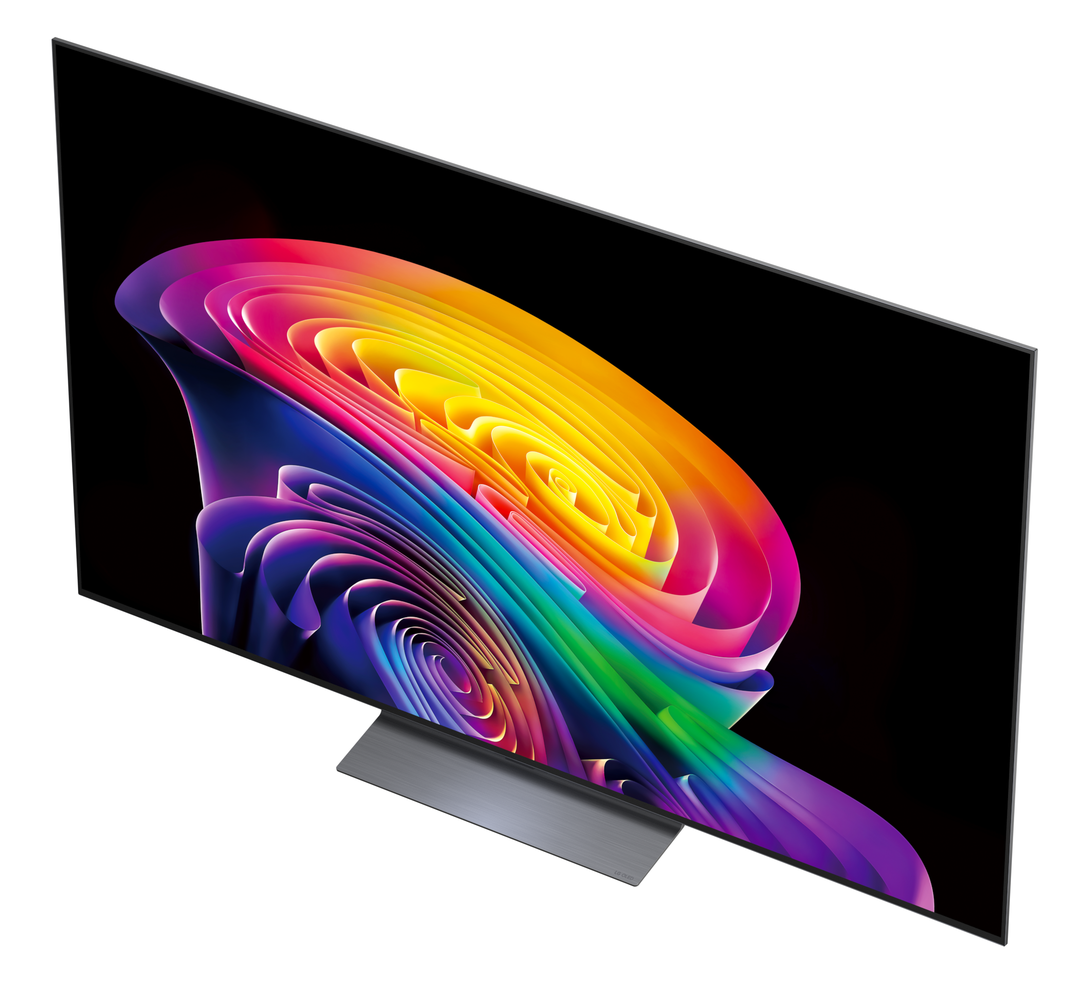 Nowoczesny telewizor wyświetlający żywy, kolorowy wzór abstrakcyjny na ekranie.