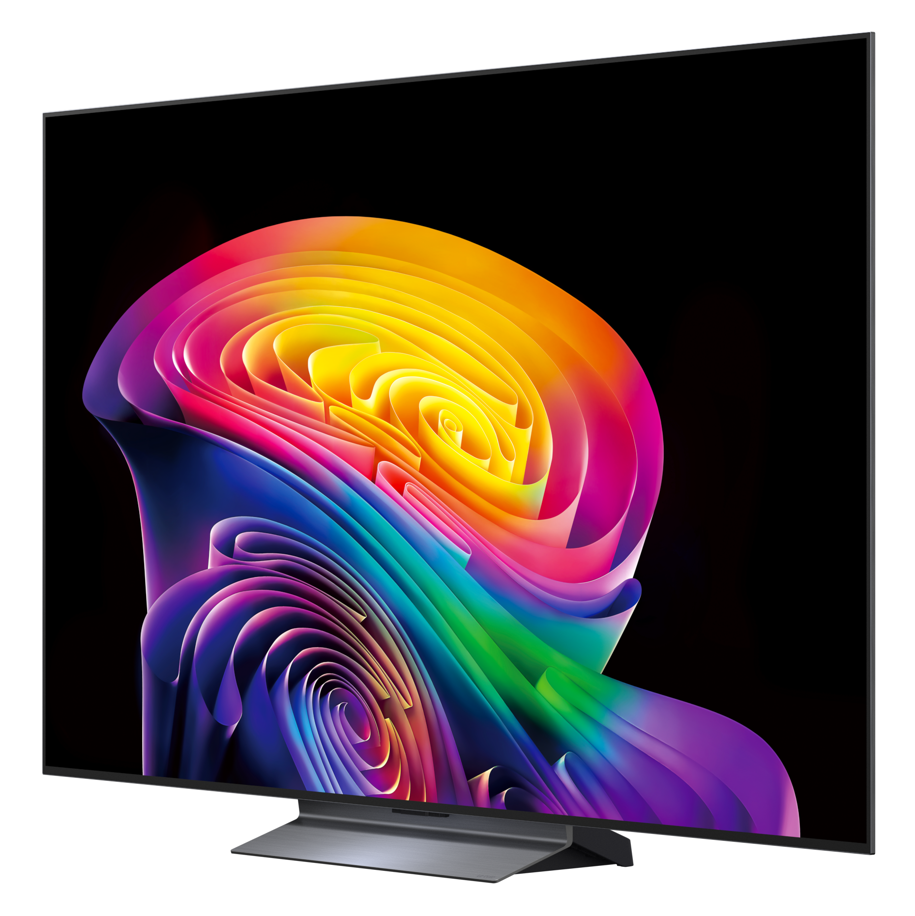 Nowoczesny telewizor wyświetla abstrakcyjny, wielokolorowy wzór na czarnym tle.