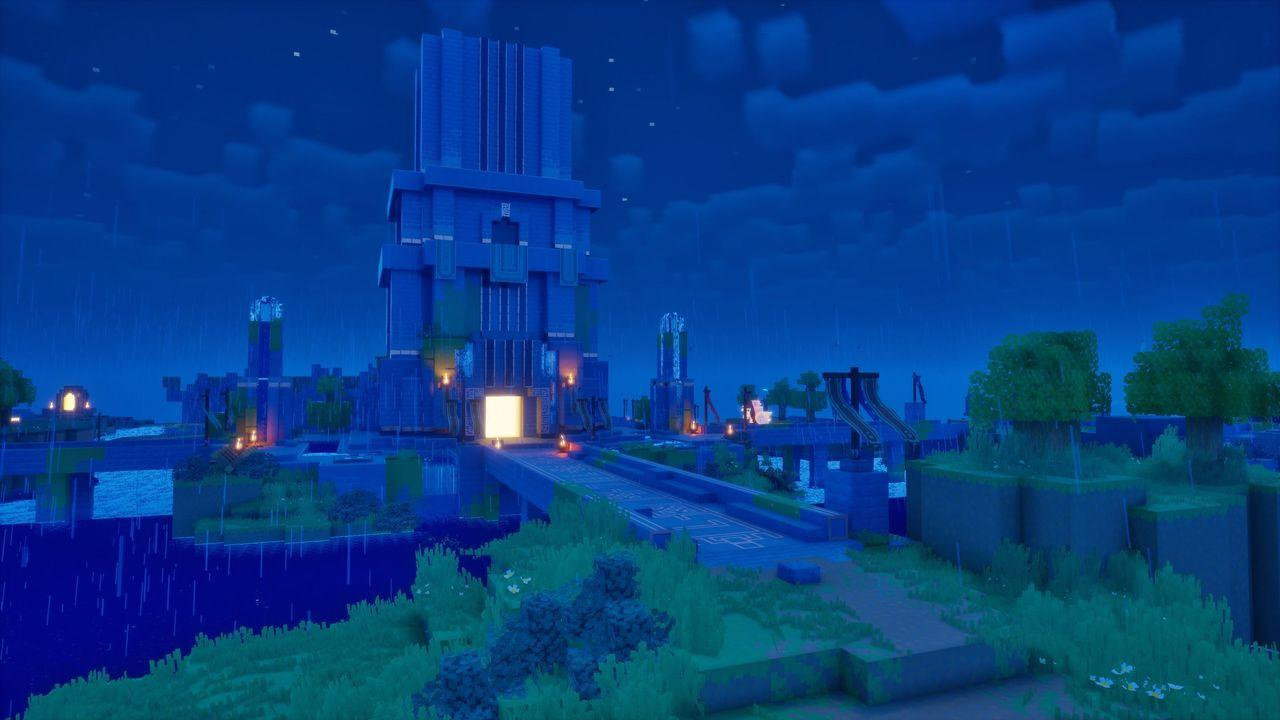 Eine blaue Festung auf einer Insel bei Nacht mit Regen.