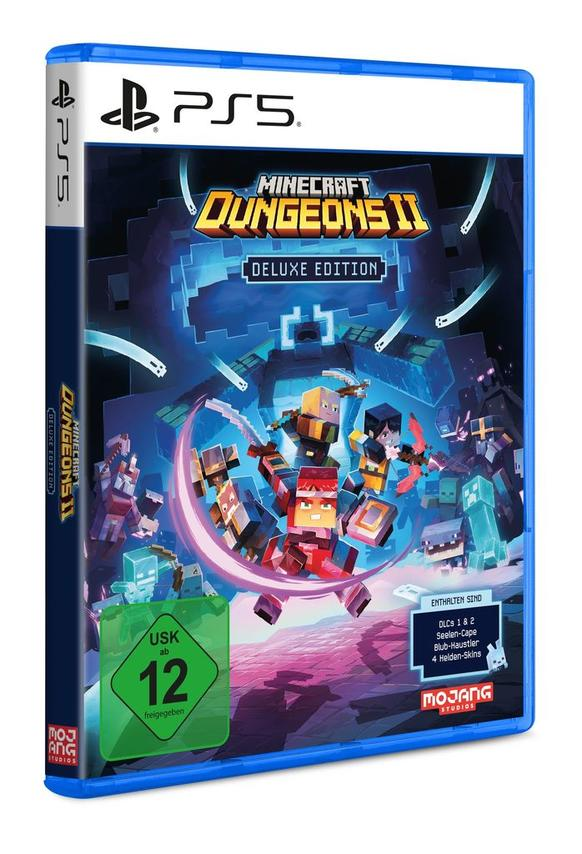 PlayStation 5 Spiel "Minecraft Dungeons Deluxe Edition" Hülle mit Charakteren und Logo.