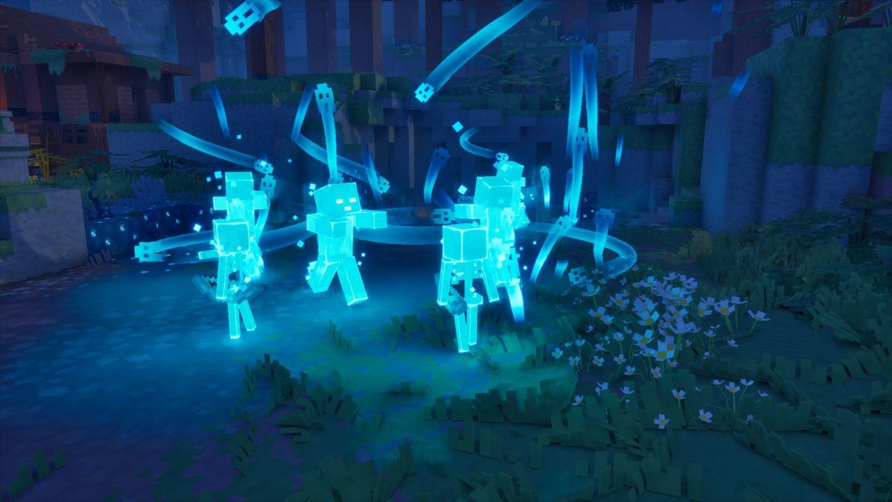 Blaue Figuren im Minecraft-Stil tanzen auf einer Waldlichtung mit Blumen.