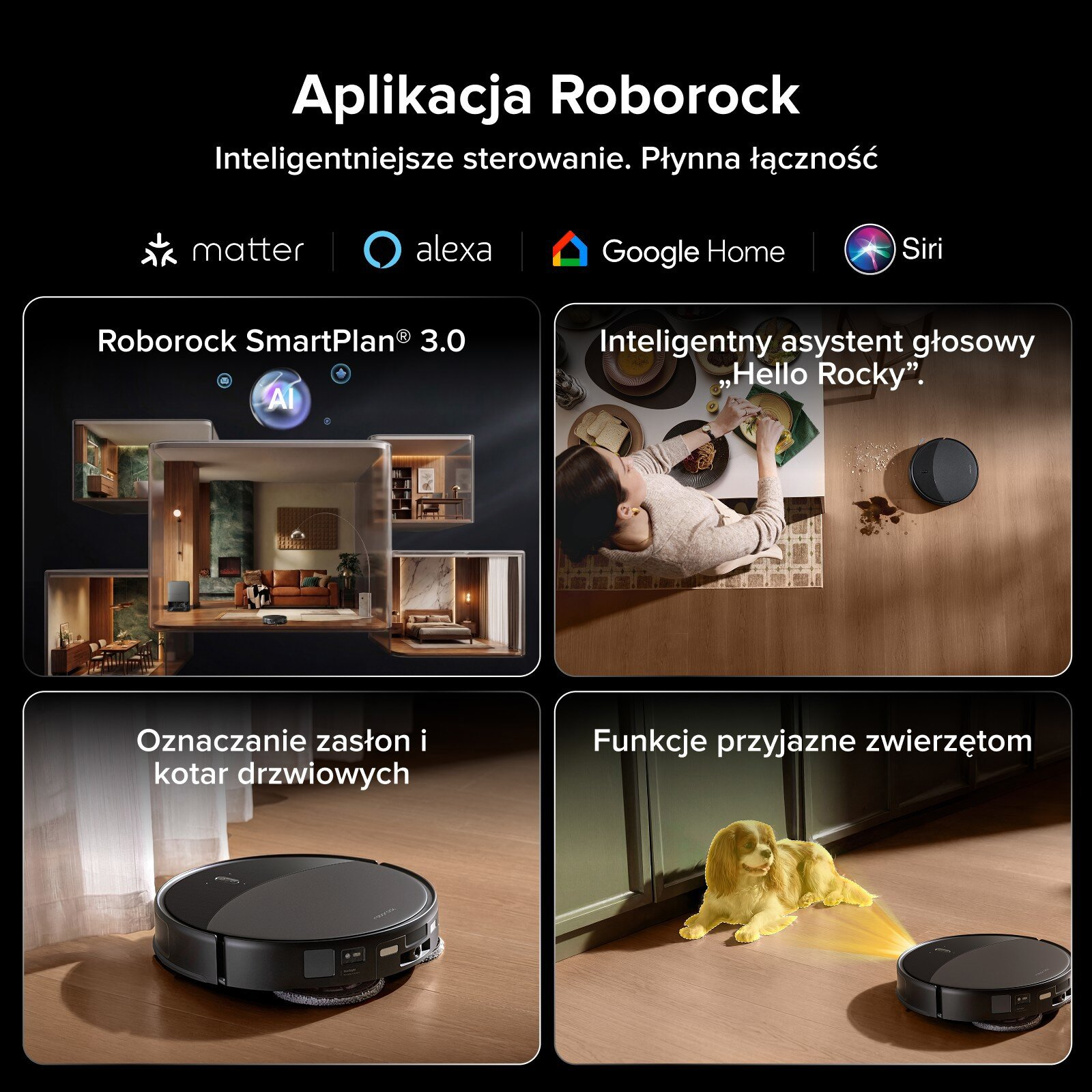 Funkcje aplikacji Roborock: SmartPlan, asystent głosowy, unikanie przeszkód i tryb zwierzęcy.