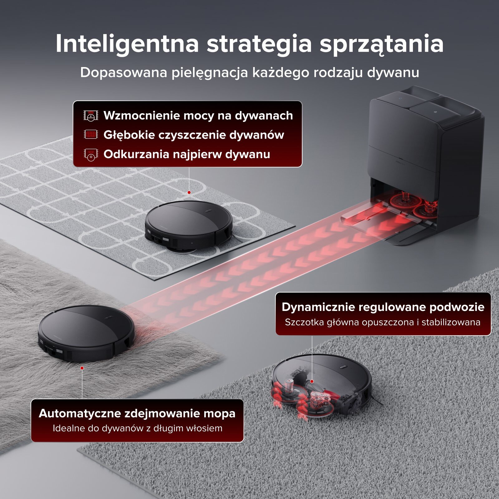 Czarny robot sprzątający na dywanach ze stacją dokującą pokazującą ssanie.