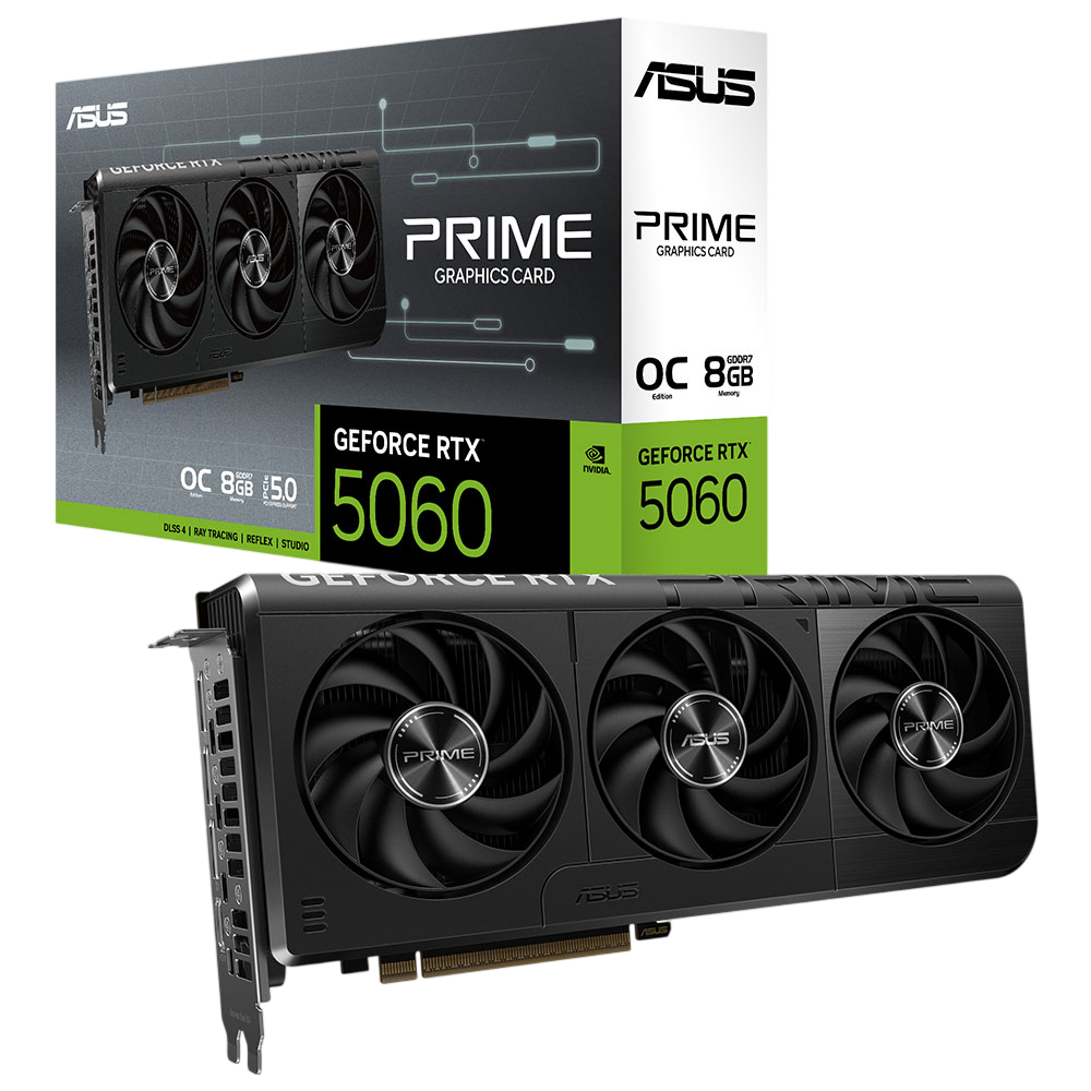 ASUS GeForce RTX 5060 ekran kartı, 8GB bellekli ve üç fanlı.