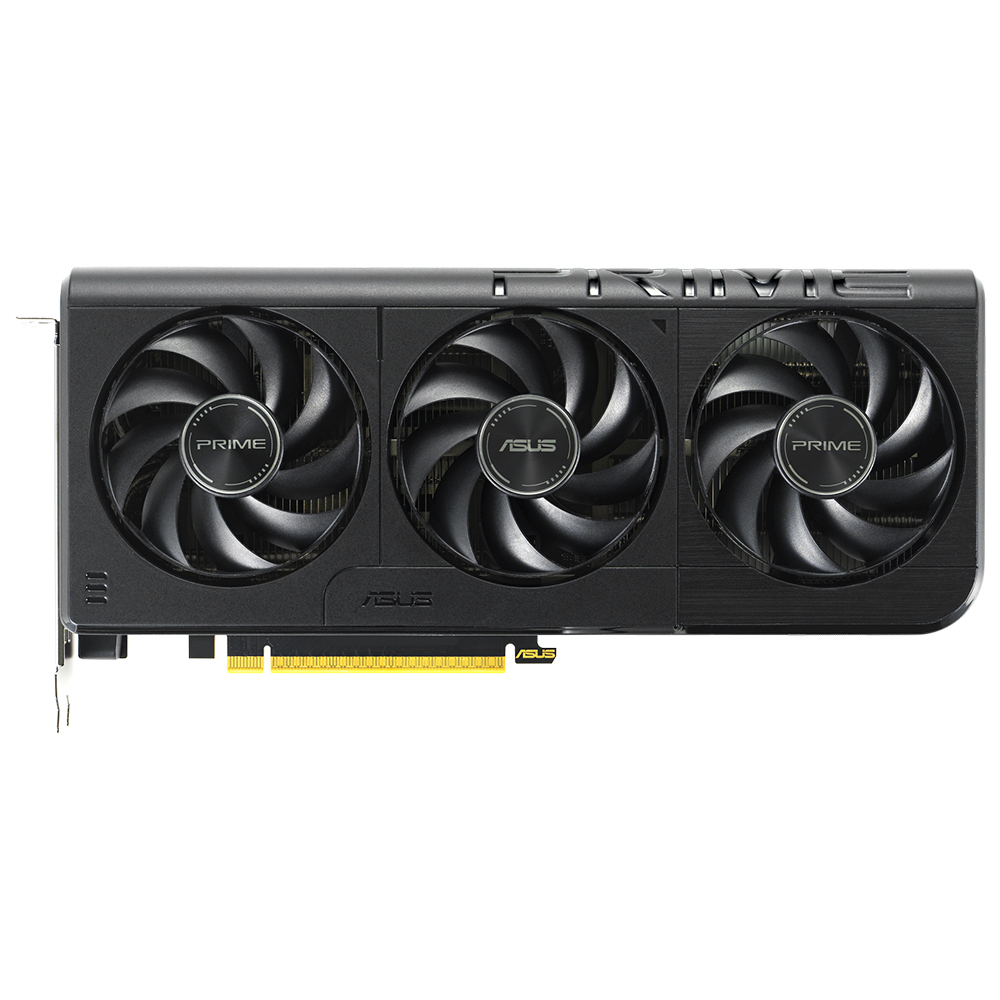 Beyaz arka plan üzerinde üç fanlı ve Asus logolu siyah ekran kartı.