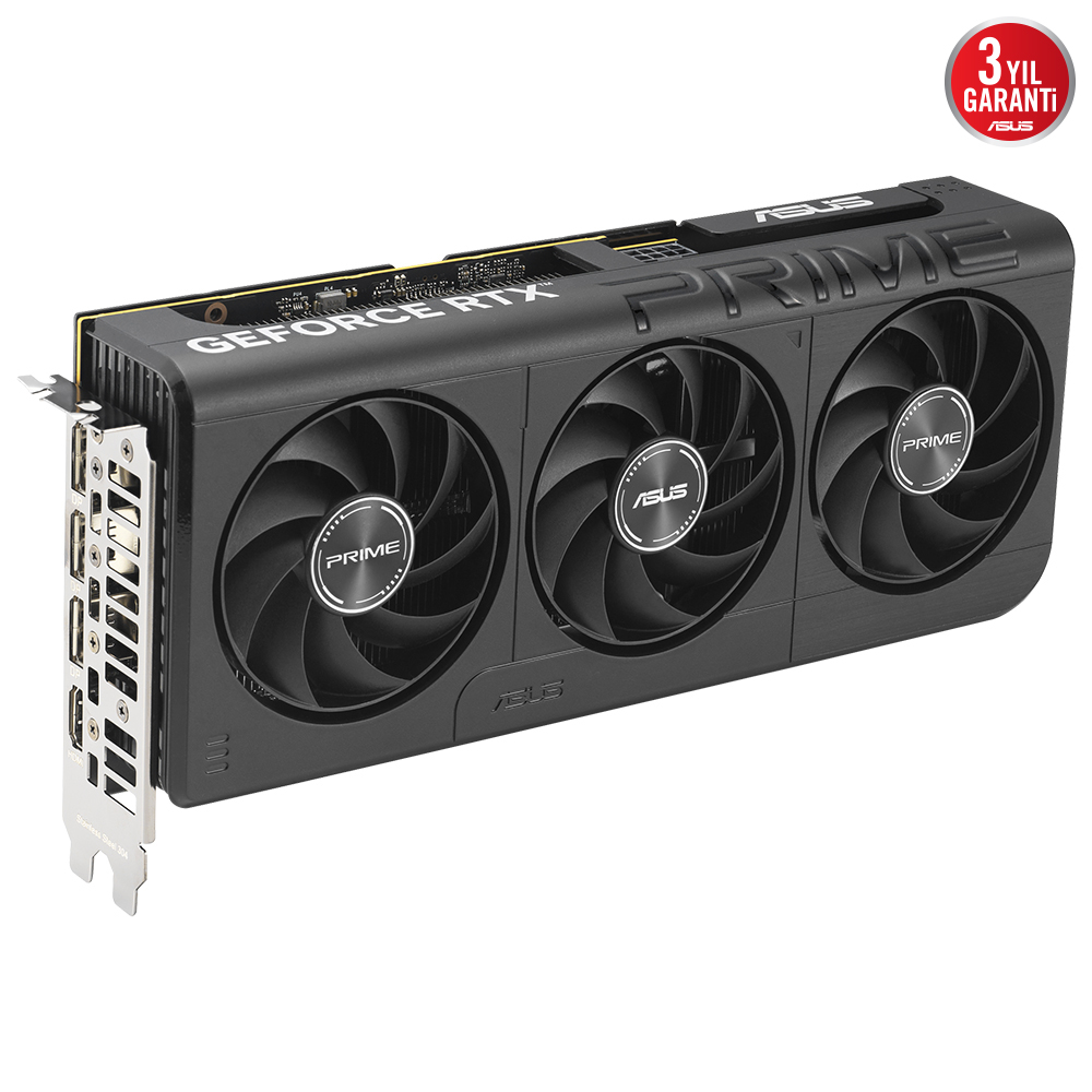 Üç fanlı ve garanti etiketli siyah ASUS GeForce RTX ekran kartı.