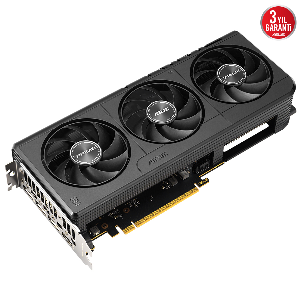 Üç fanlı ve ASUS logosu olan siyah ekran kartı, sağ üstte garanti etiketi bulunur.