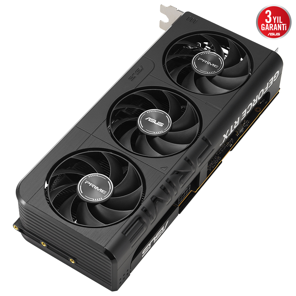 Üç fanlı siyah ASUS GeForce RTX ekran kartı ve '3 Yıl Garanti' etiketi.
