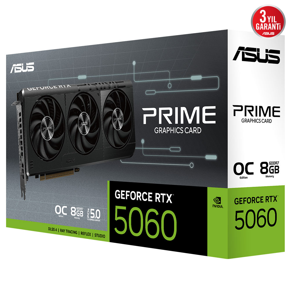 3 fanlı ASUS GeForce RTX 5060 ekran kartı, 8 GB GDDR7.
