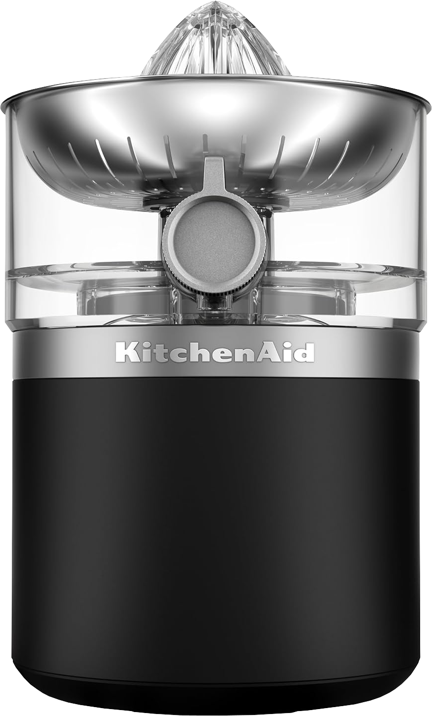 Ein silberner KitchenAid Entsafter mit schwarzem Sockel und klarem Auffangbehälter.