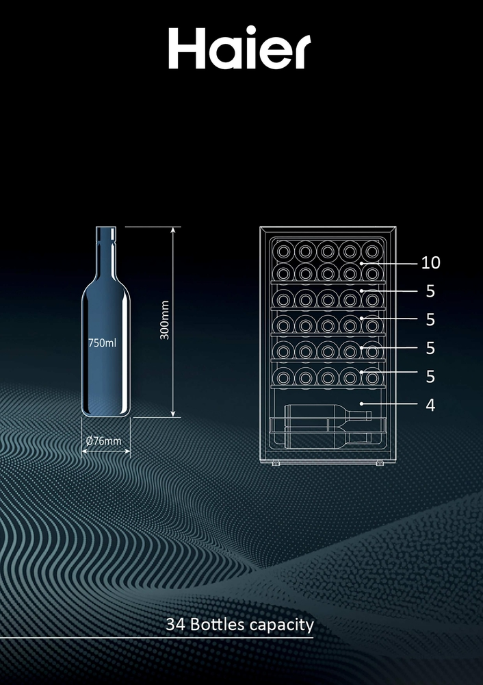 Haier şarap buzdolabı. 750ml'lik bir şişe (300mm Y, 76mm Ç) ve 34 şişe kapasitesi gösteriliyor.