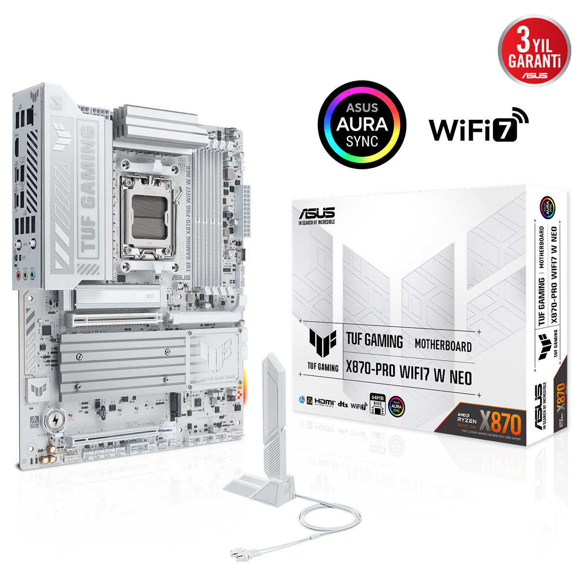 Beyaz ASUS TUF Gaming X870-PRO WIFI7 W NEO anakart ve kutusu.