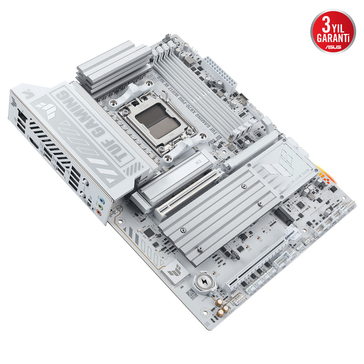 Soğutuculara ve portlara sahip beyaz bir ASUS TUF GAMING anakart.