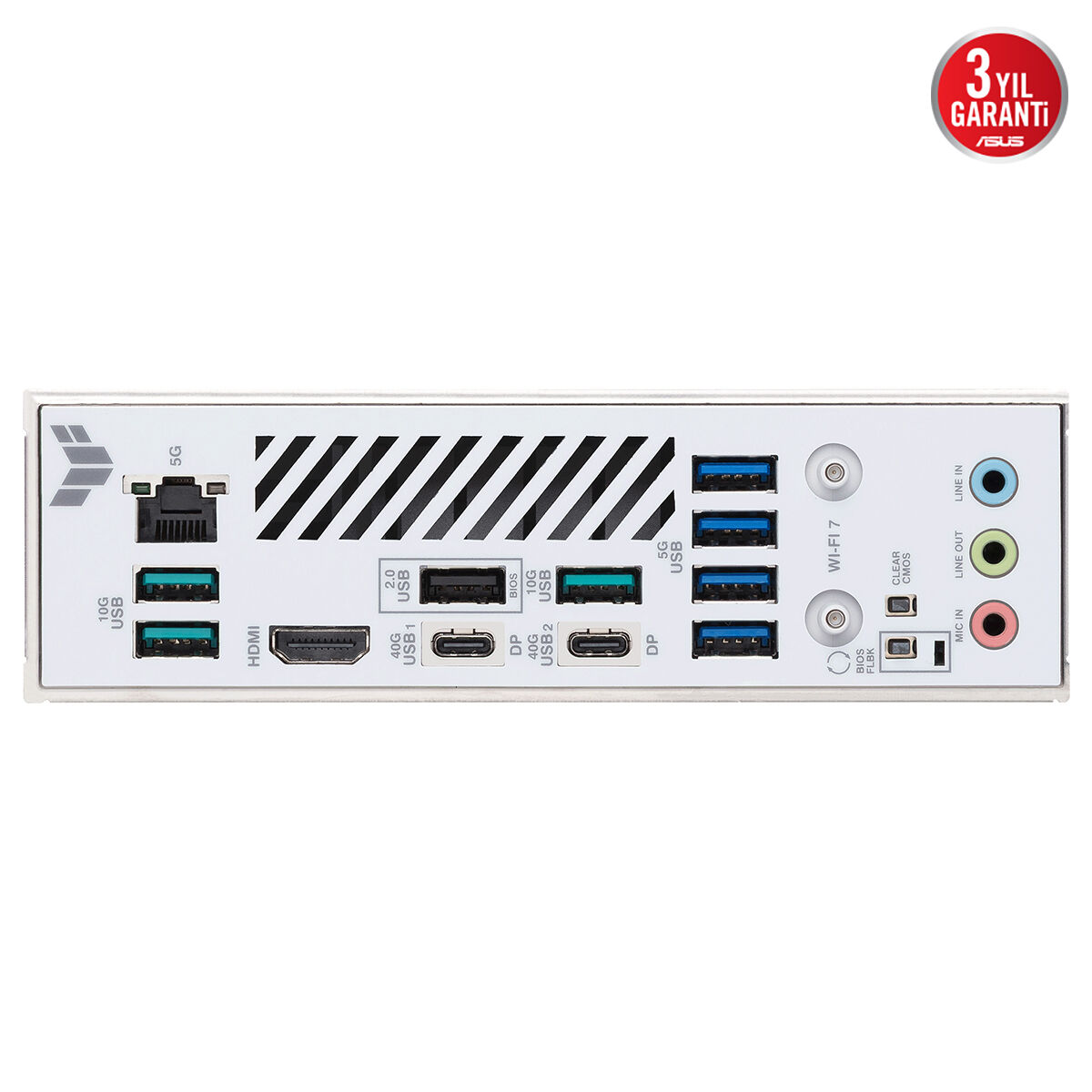 USB, HDMI, DisplayPort, Wi-Fi ve ses bağlantı noktalarına sahip beyaz anakart.
