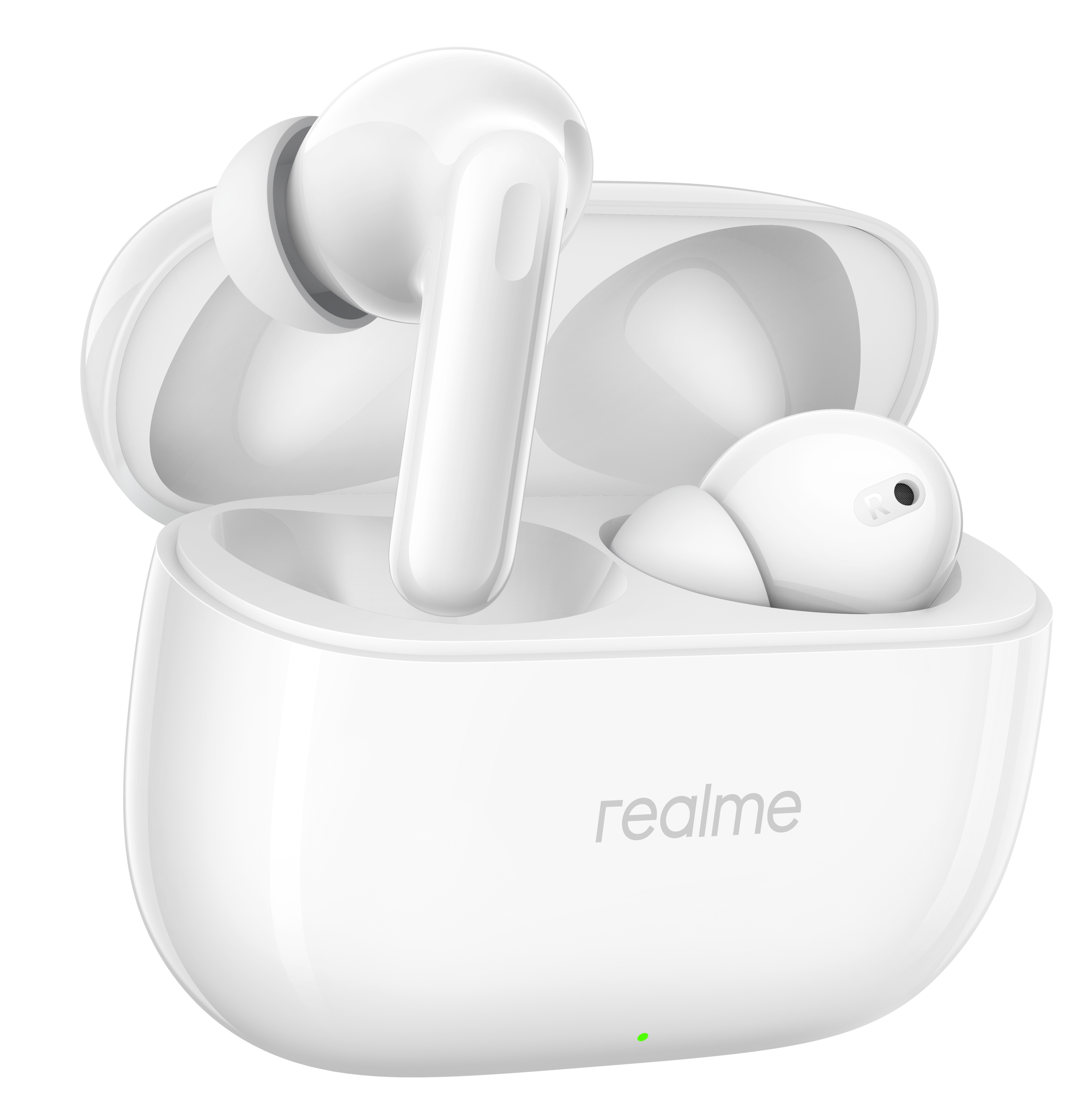 Białe słuchawki bezprzewodowe z etui ładującym i logo Realme.