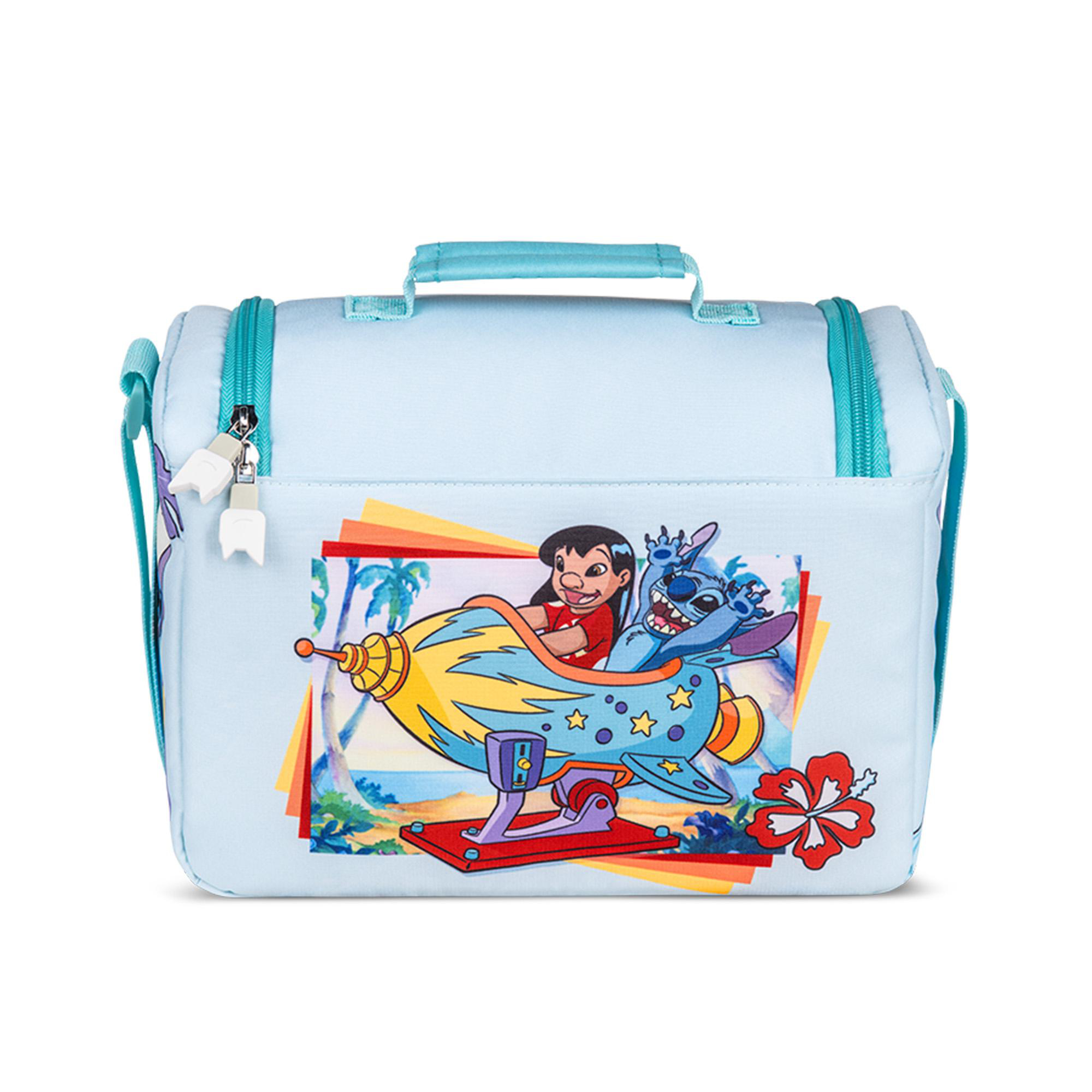 Hellblaue Lunchtasche mit Lilo und Stitch auf einem Raketen-Scooter.
