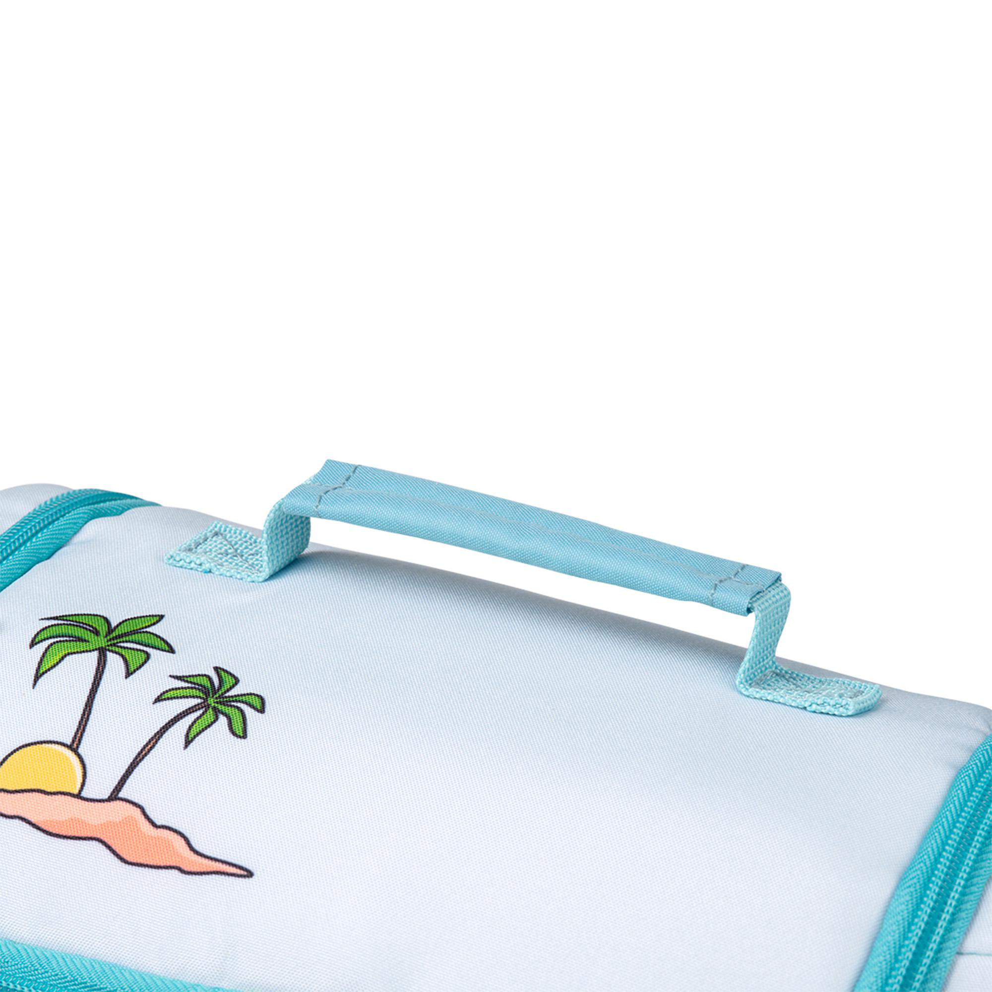 Hellblaue Tasche mit Palmen und Sonne, mit Tragegriff.