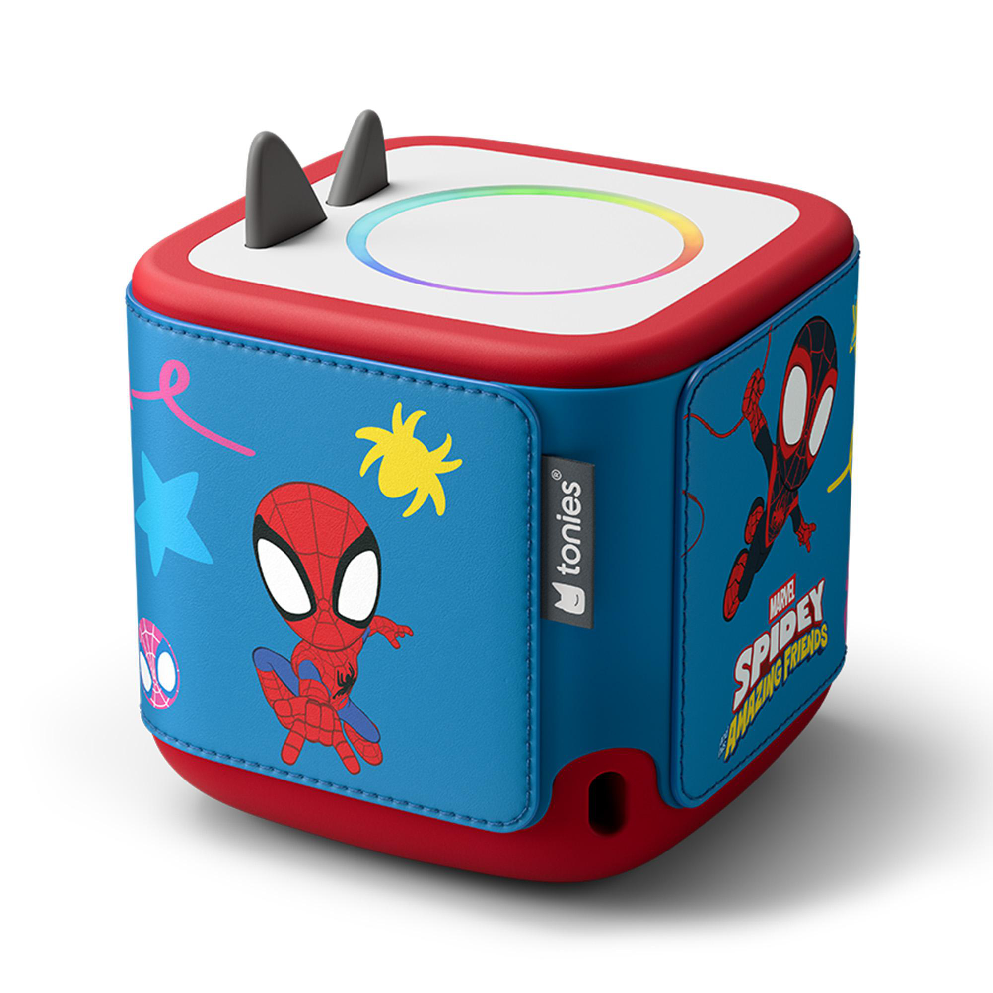 Ein blauer Tonie mit Spidey-Motiven und roten Akzenten. Oben sind Ohren und eine bunte LED-Leiste.