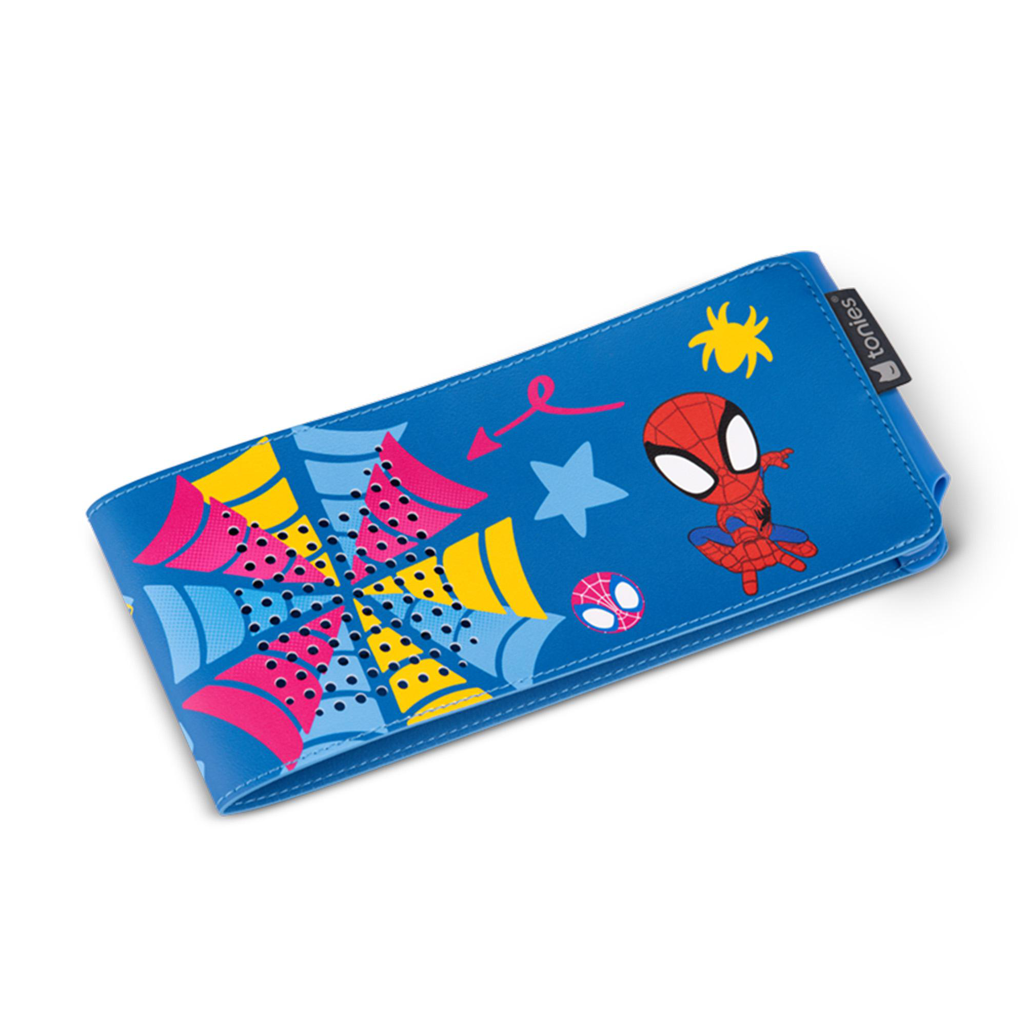 Blauer Kasten mit Spiderman-Motiv und Sternen.