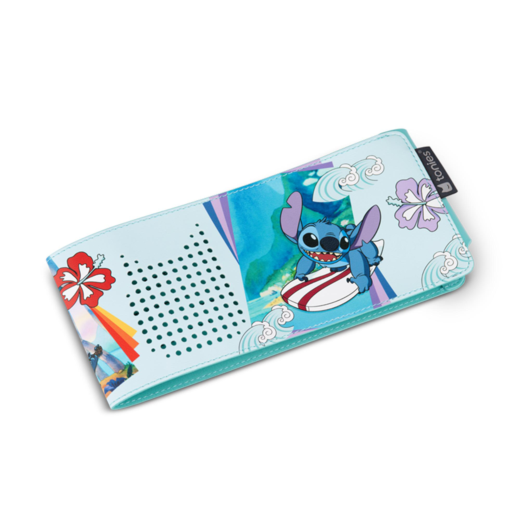 Ein hellblaues Etui mit Stitch auf einem Surfbrett, umgeben von Wellen und Blumen.