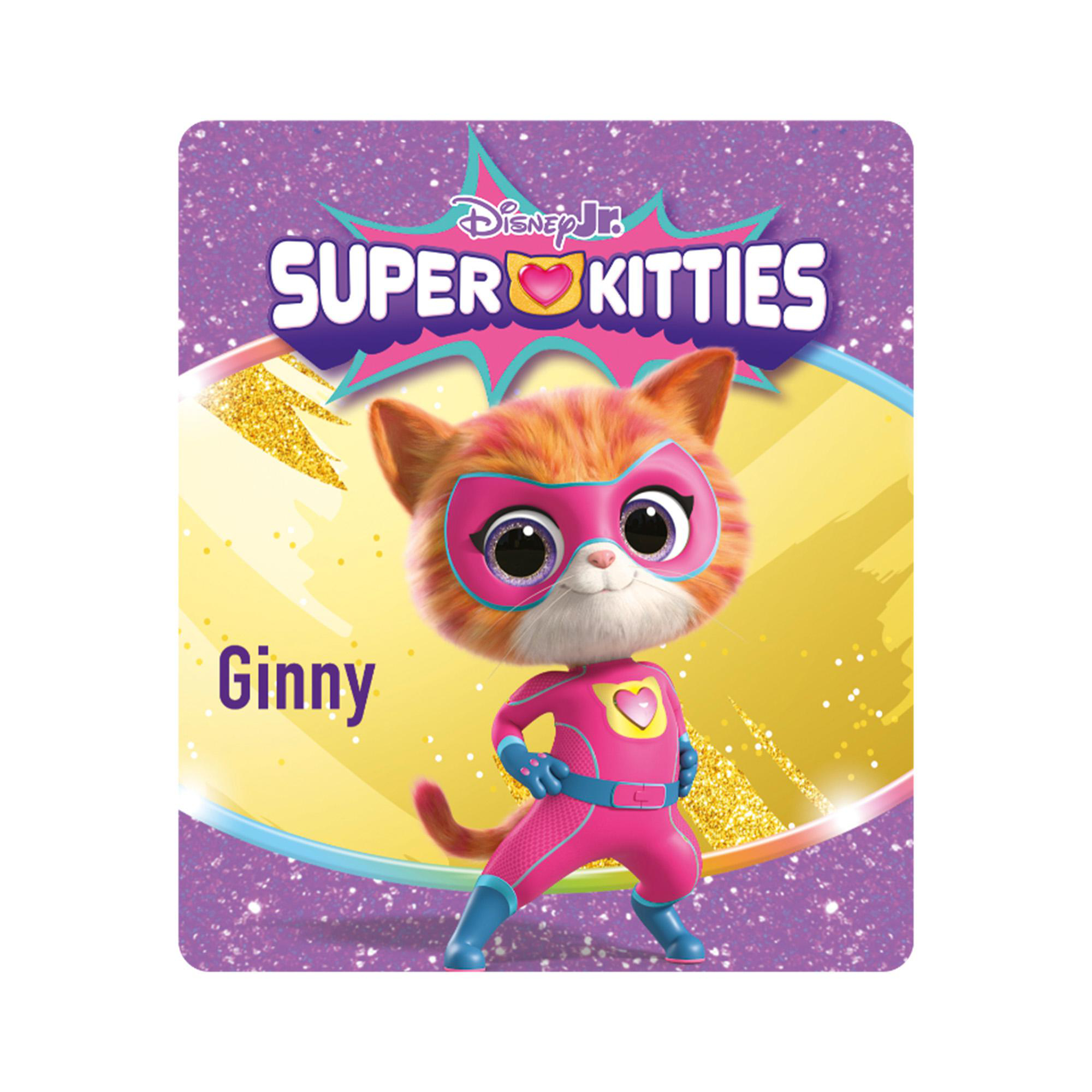 Eine orangefarbene Katze in einem pinken Superhelden-Outfit mit Maske.