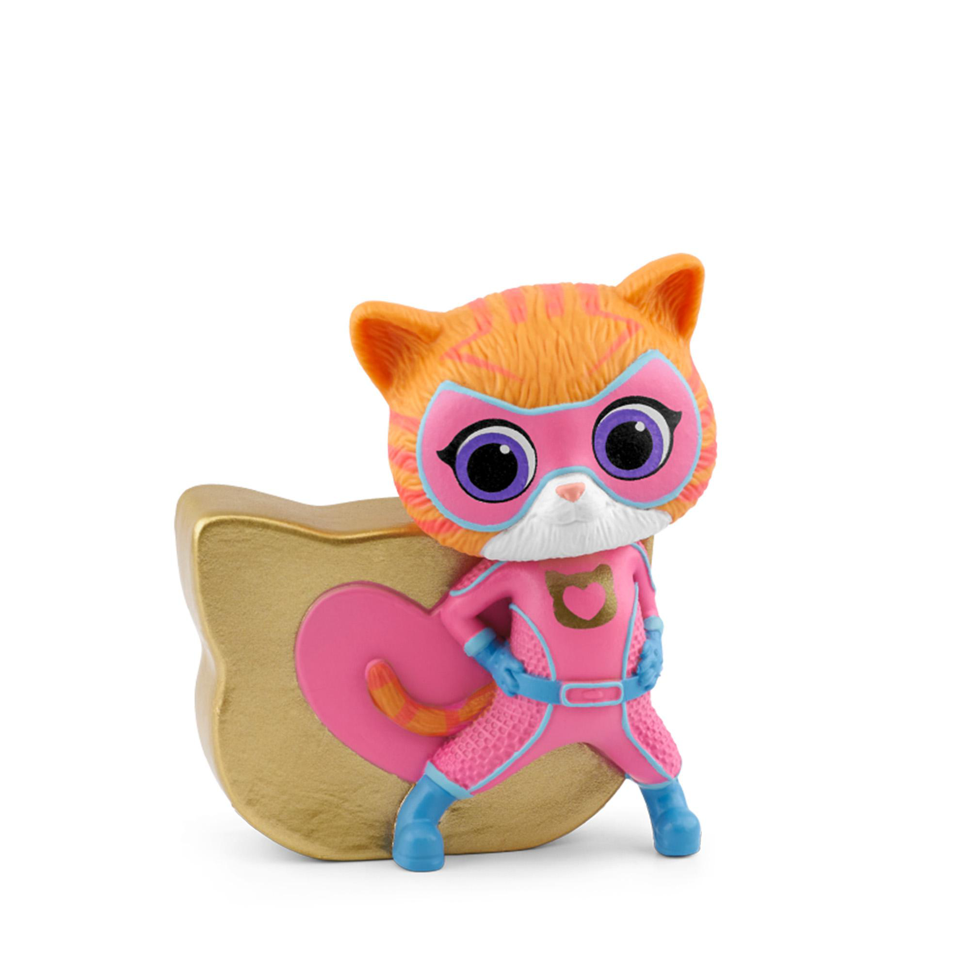 Eine orangefarbene Katze in einem rosa Superhelden-Outfit mit Maske und blauen Stiefeln.