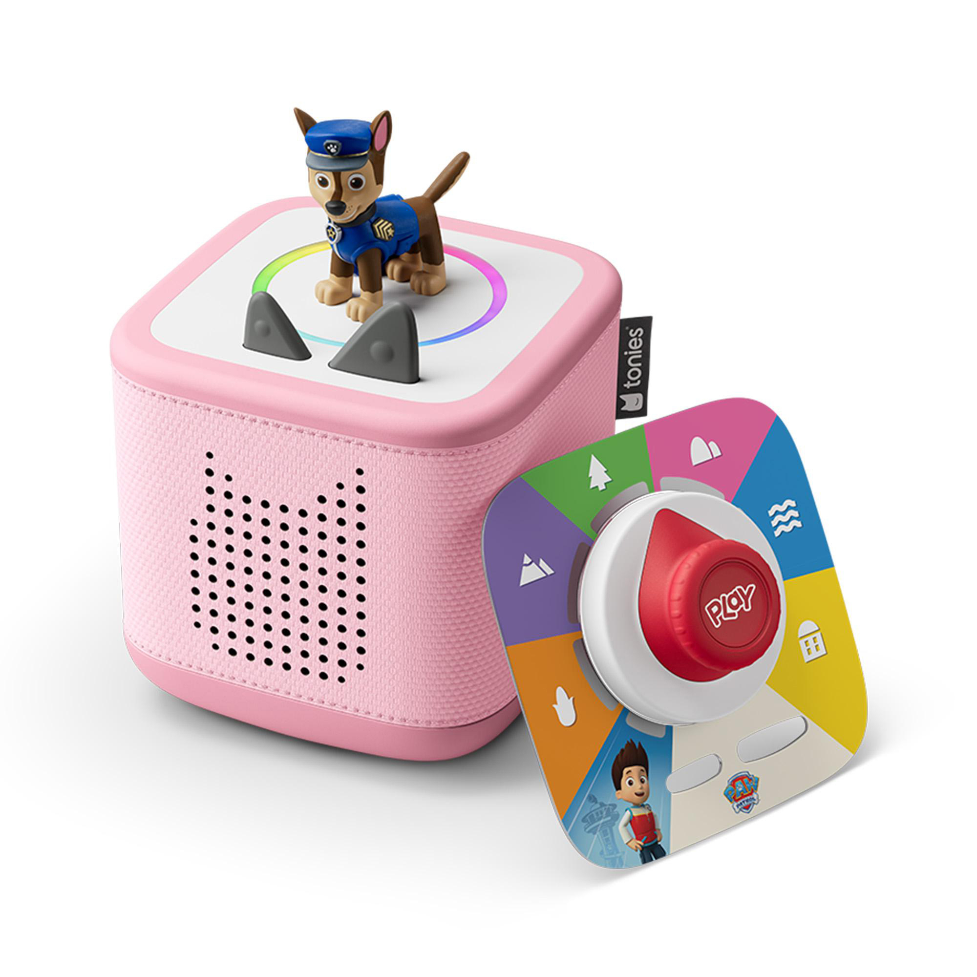 Pinke Toniebox mit Chase-Figur, buntem Lichtring und Spielkarte.