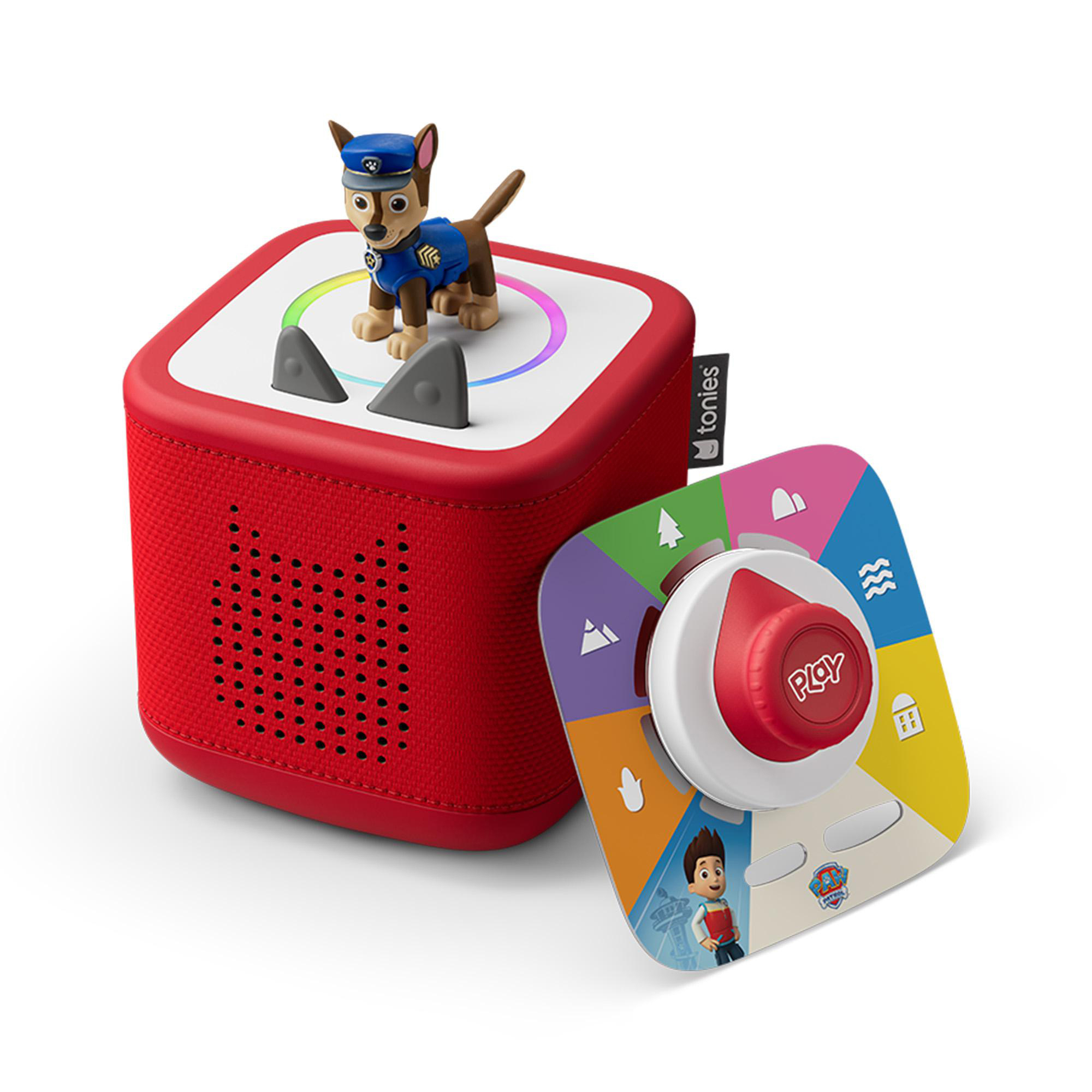 Roter Toniebox-Lautsprecher mit Chase-Figur und bunter Spielkarte.