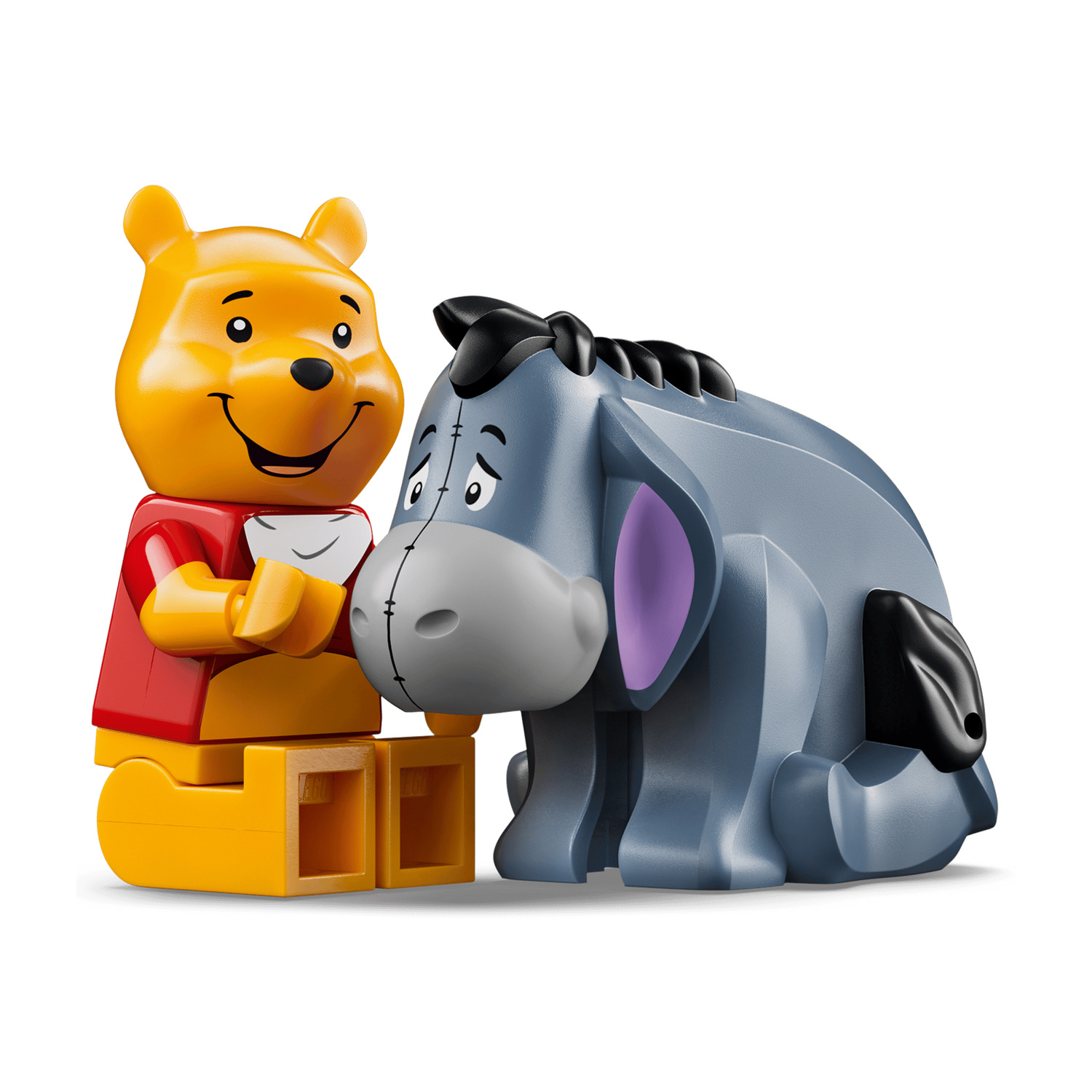 LEGO Winnie the Pooh ed Eeyore insieme su sfondo bianco.