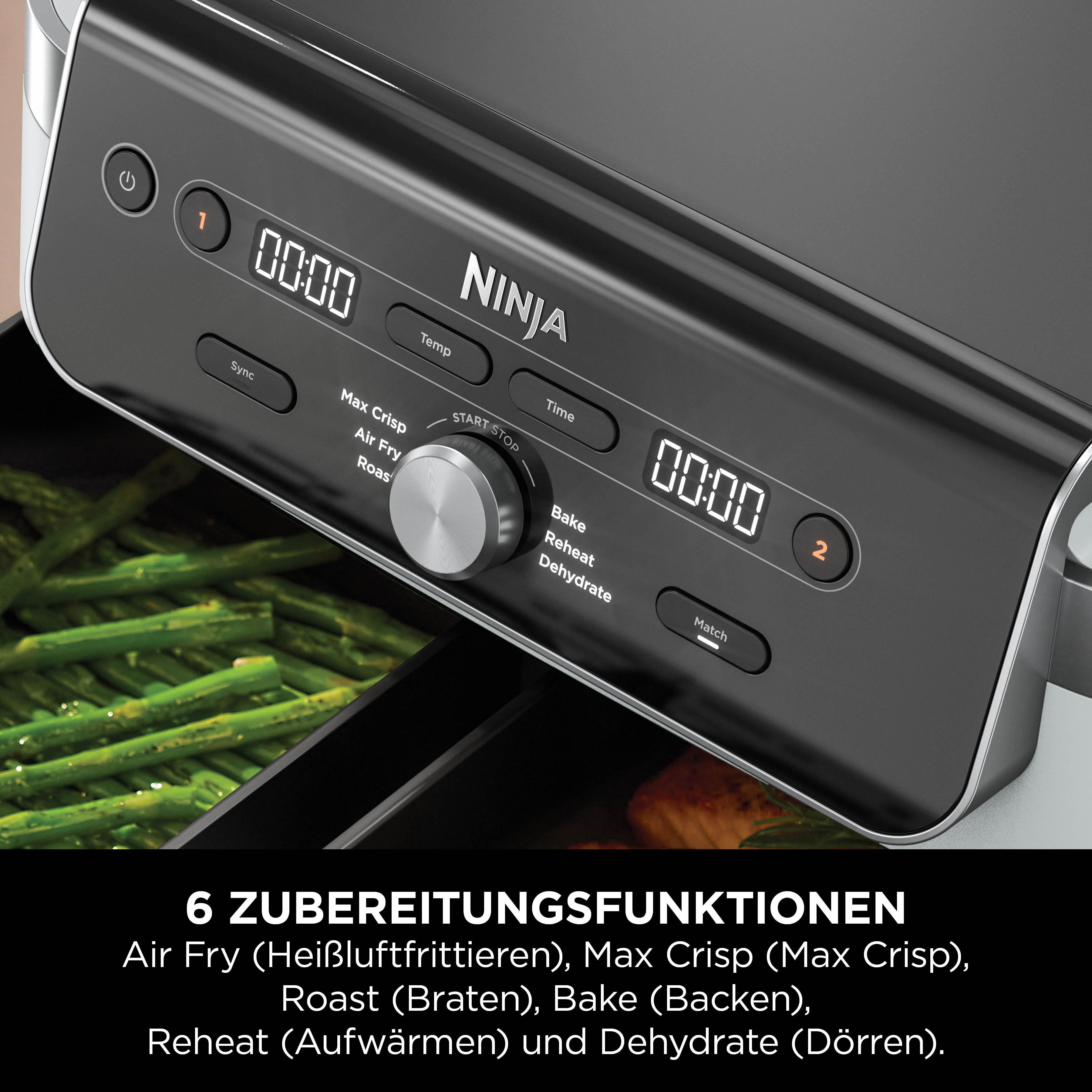Ninja Grill mit digitalen Bedienelementen und Gargut.