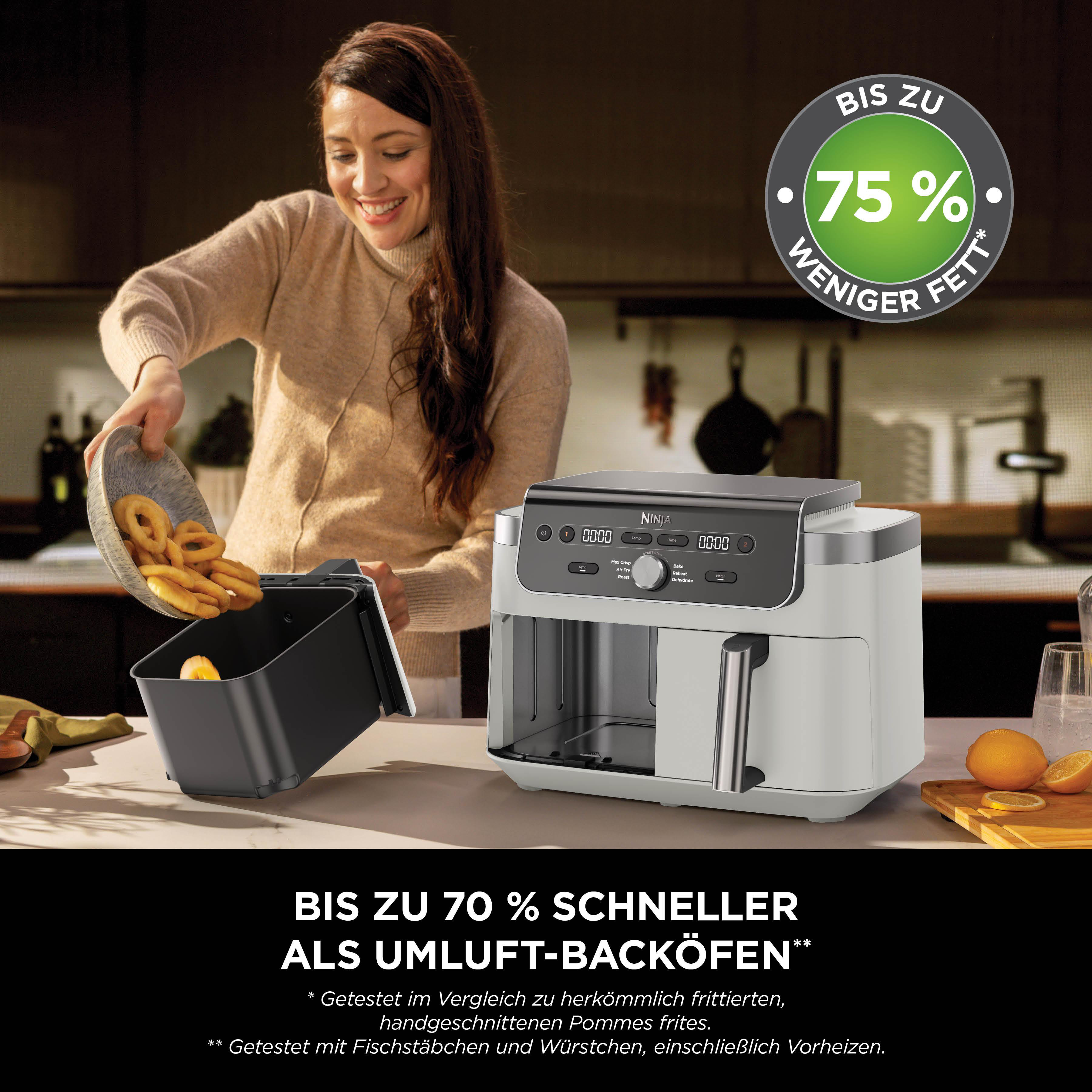 Eine Frau gibt Pommes in einen Ninja Heißluftfritteuse. 75% weniger Fett.