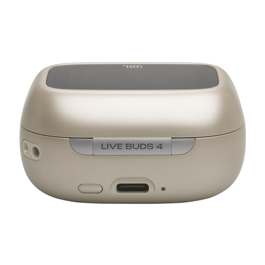 Beżowe etui ładujące do słuchawek z portem USB-C i napisem „LIVE BUDS 4”.