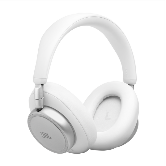 Białe słuchawki nauszne ze srebrnymi akcentami i logo JBL.