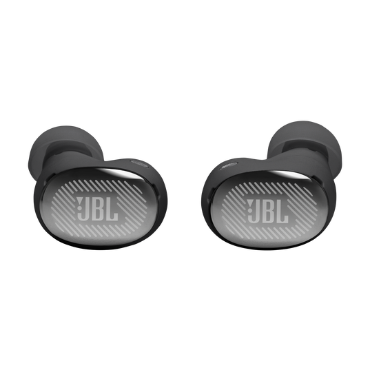 Para czarnych słuchawek JBL z srebrnym logo na czarnym tle.