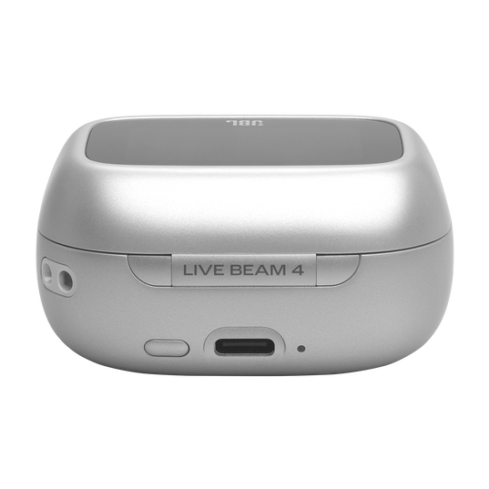 Srebrne etui ładujące z napisem "LIVE BEAM 4" i portem USB-C.