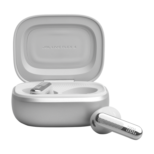 Białe etui ładujące JBL Live Flex 4 z otwartą pokrywą, pokazujące dwa pąki.