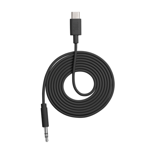 Czarny kabel z USB-C i złączem 3,5 mm, zwinięty.