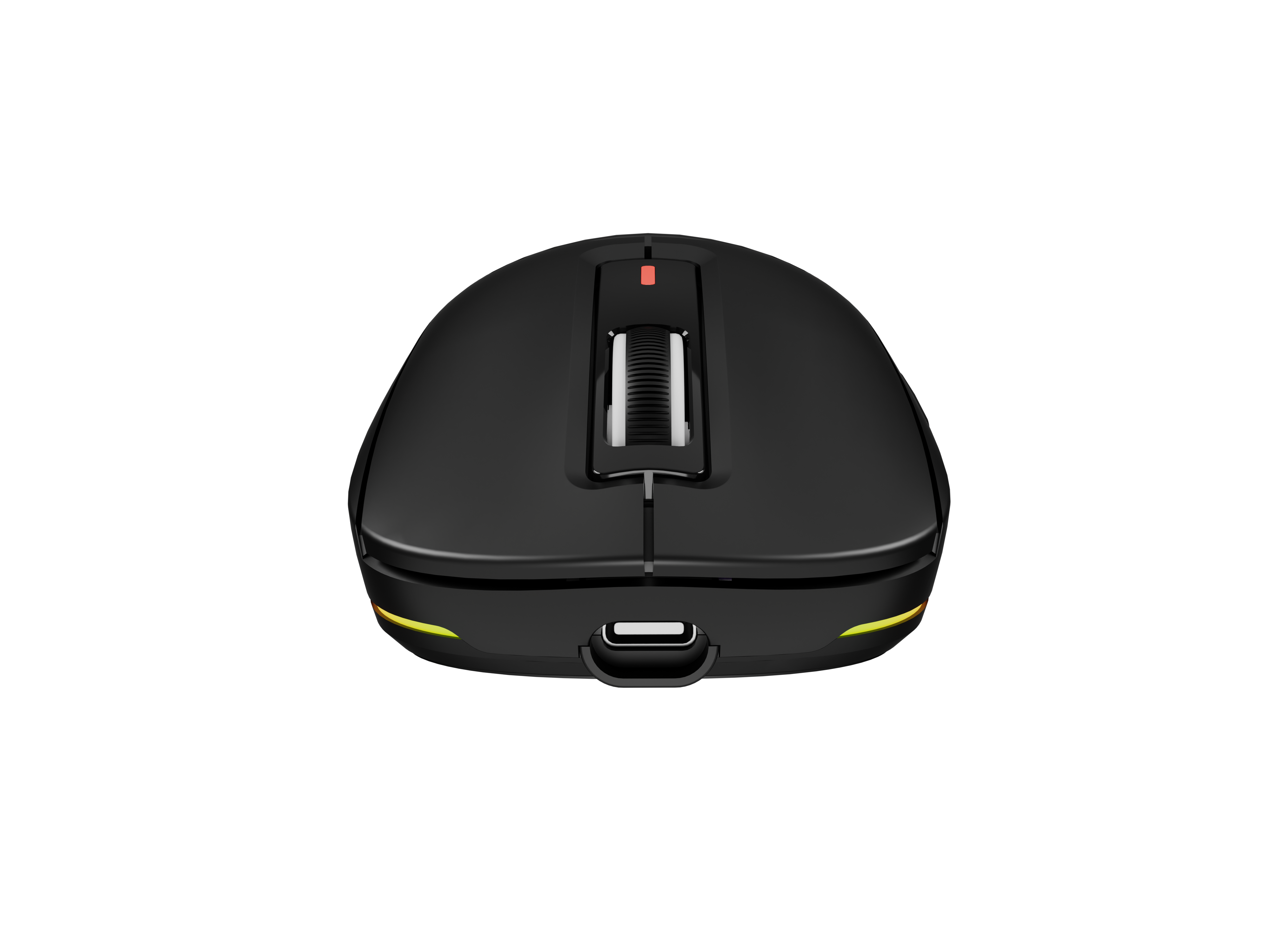 Czarna mysz z portem USB-C, kółkiem przewijania i czerwoną diodą.