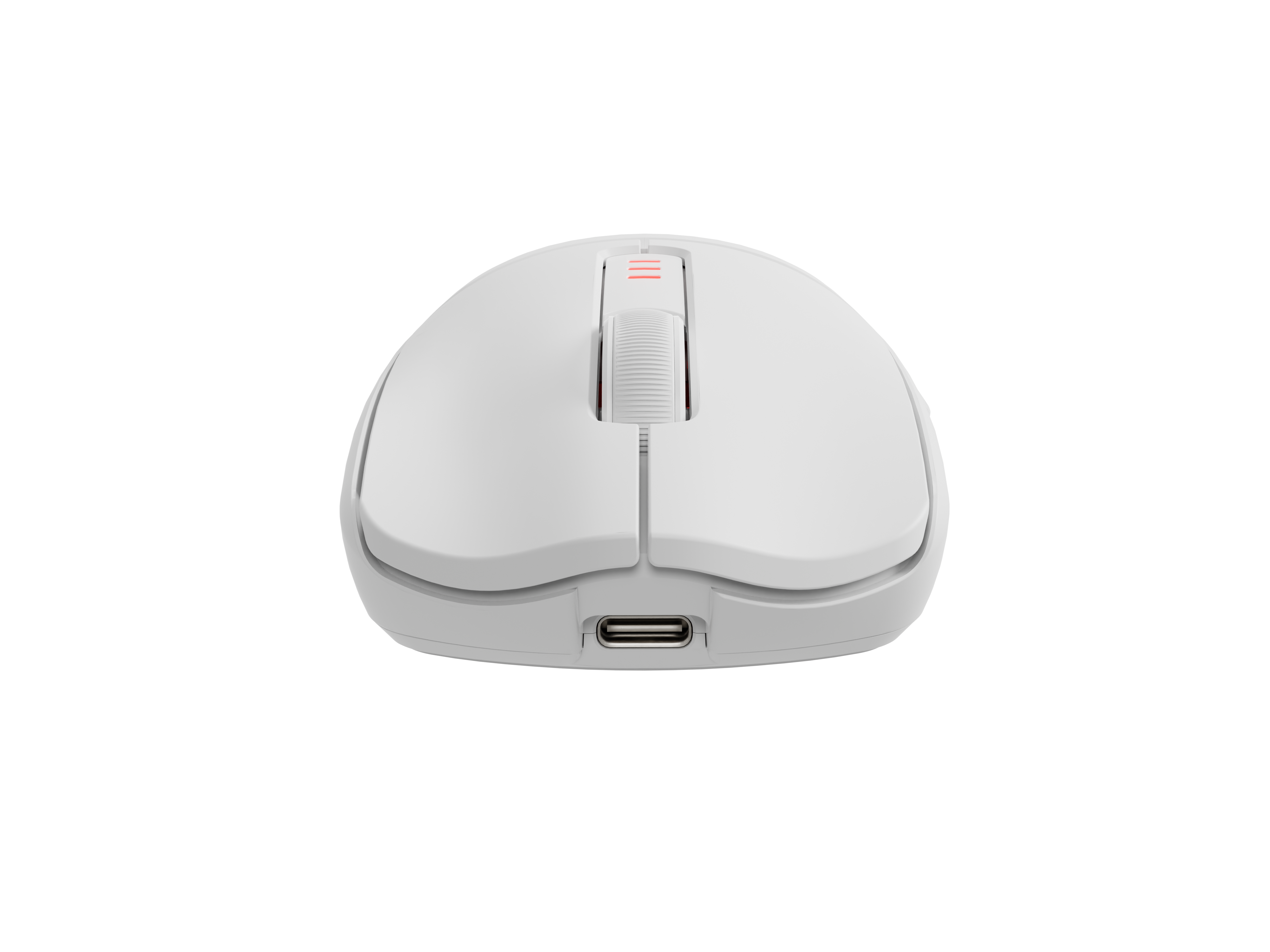 Biała mysz komputerowa z kółkiem przewijania i portem USB-C, na czarnym tle.