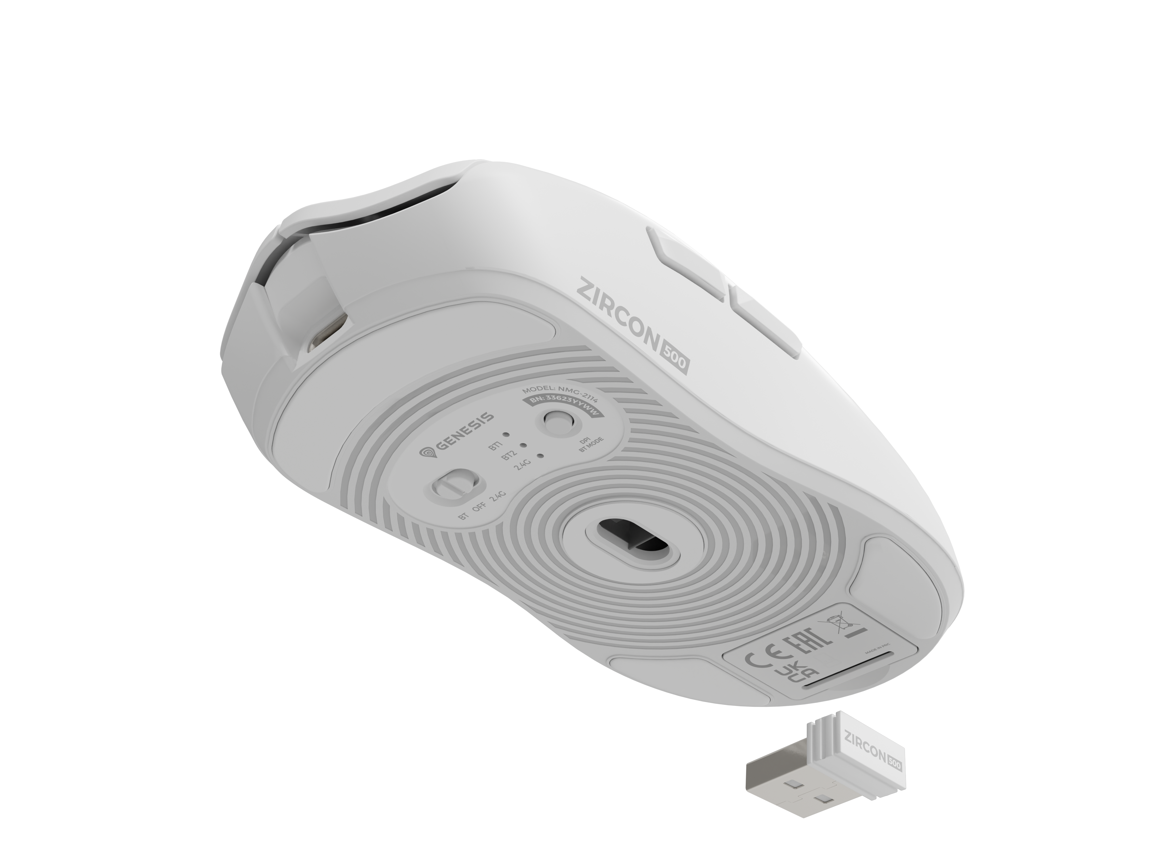 Biała mysz komputerowa z donglem USB na czarnym tle.