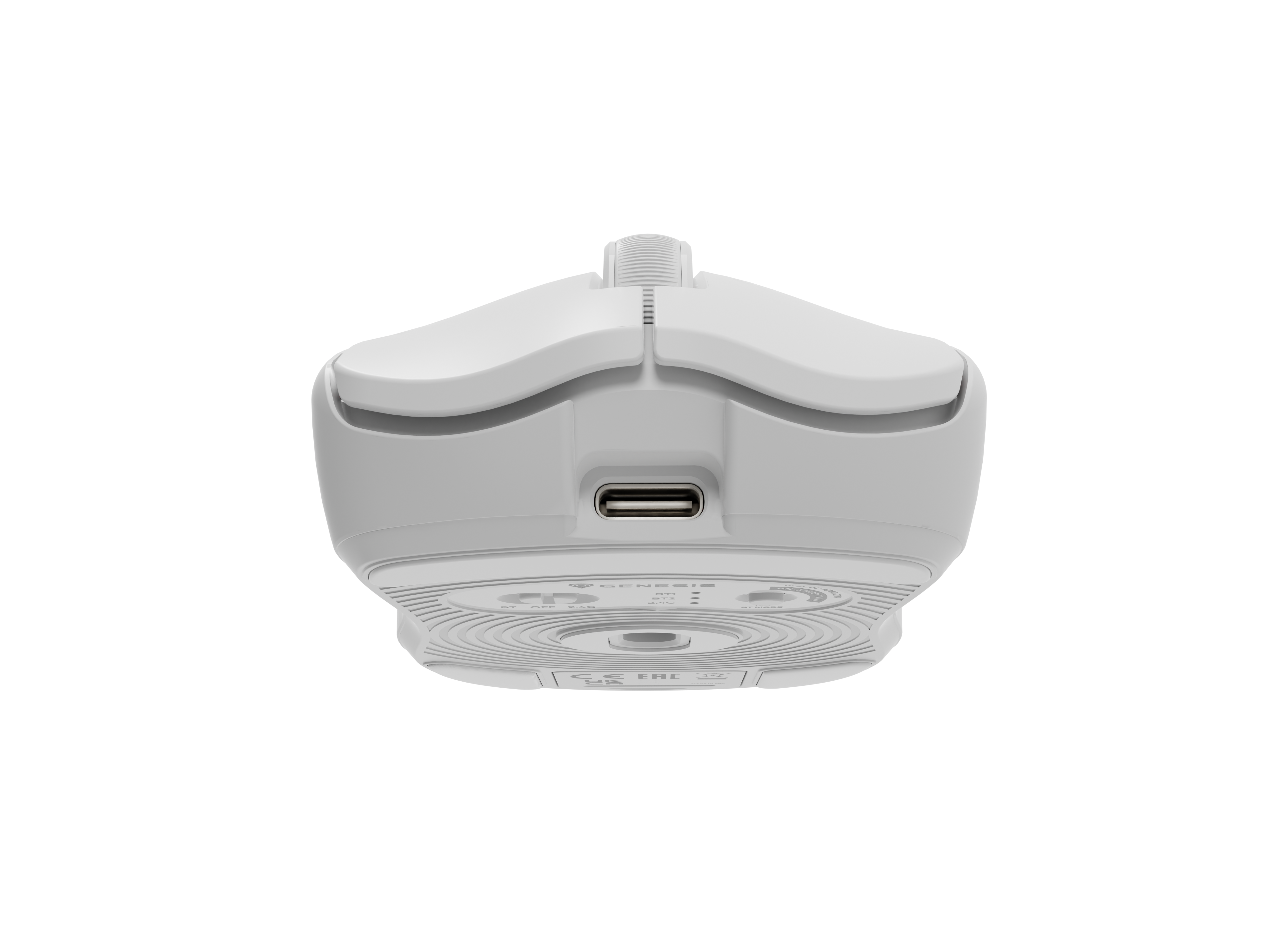 Biała mysz gamingowa z portem USB-C i kółkiem.