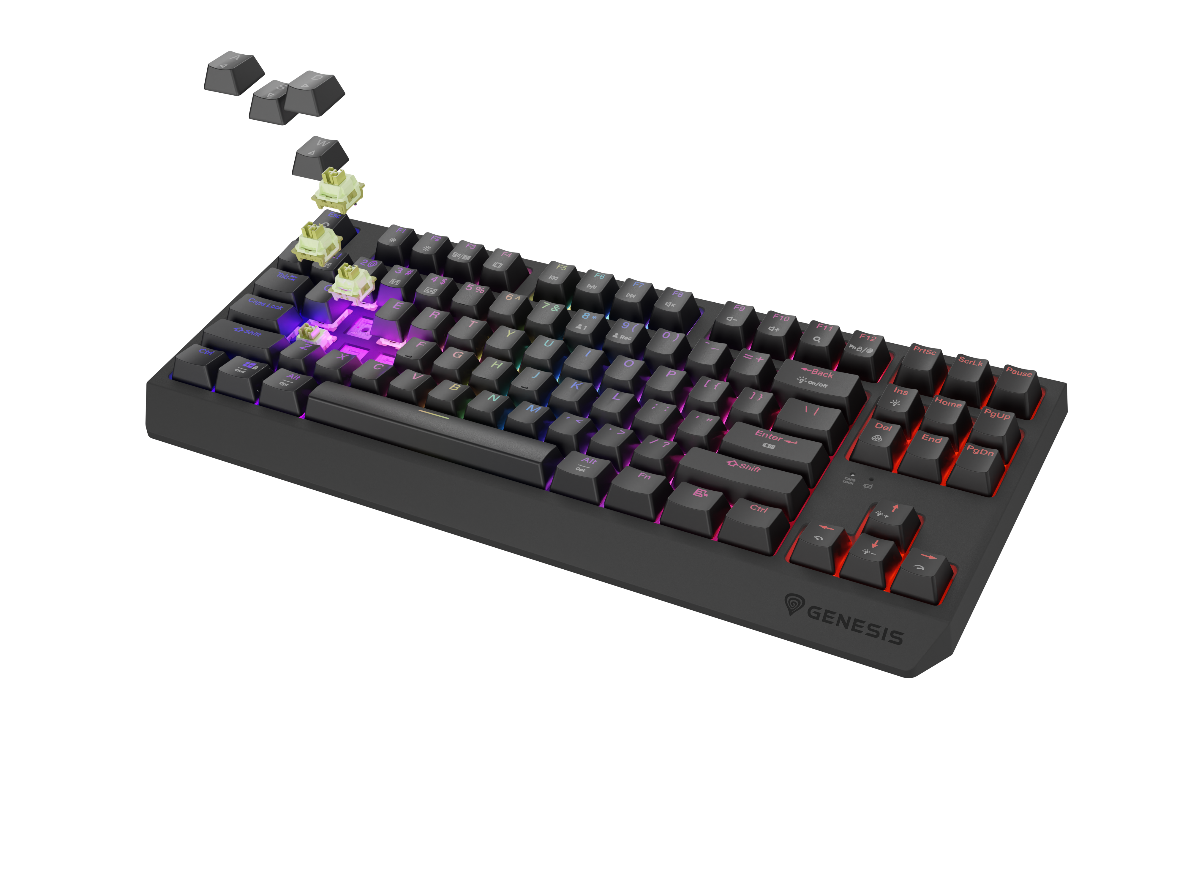Czarna klawiatura z kolorowymi klawiszami RGB i unoszącymi się nakładkami.