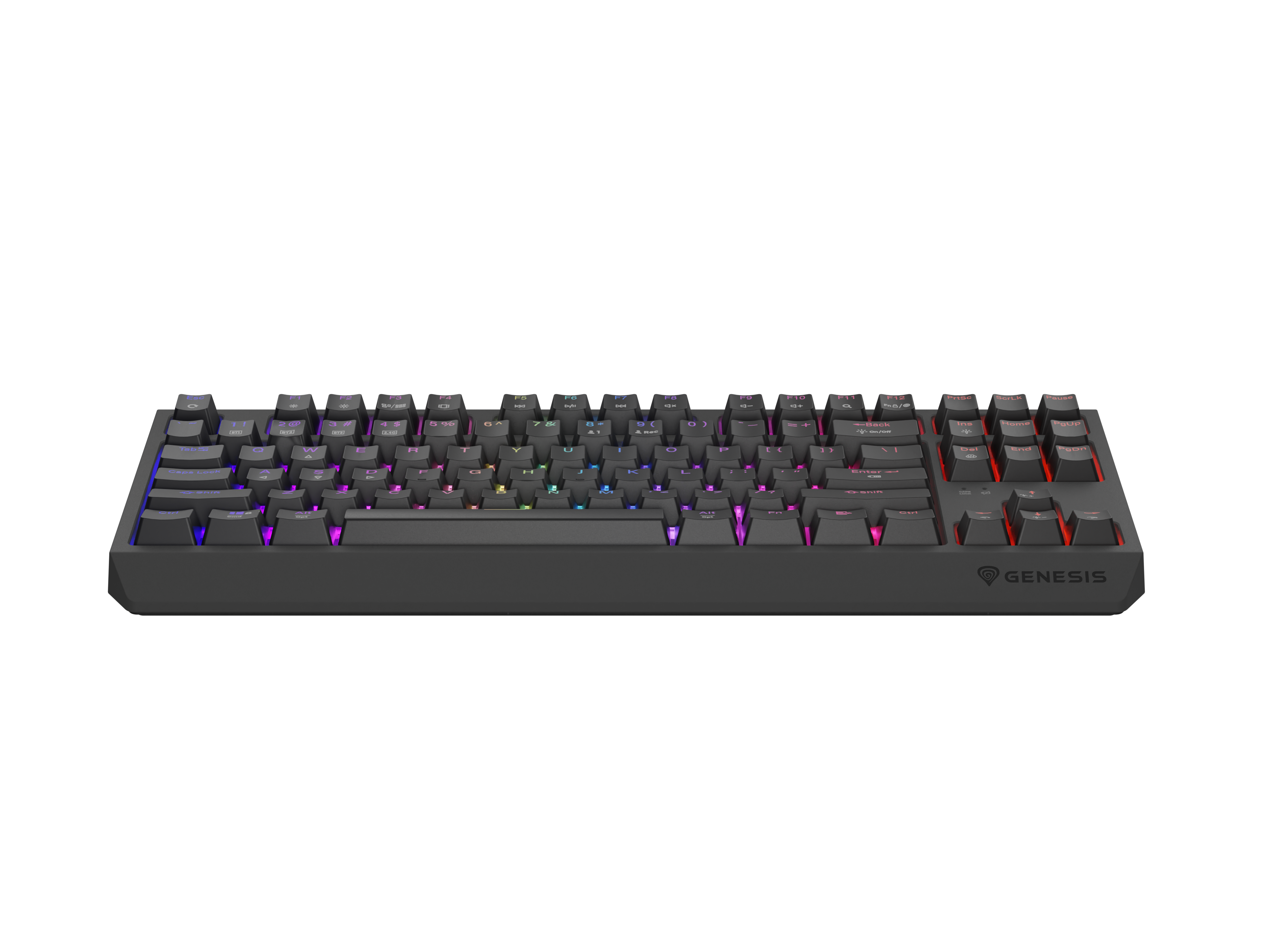 Czarna klawiatura gamingowa z kolorowym podświetleniem RGB.