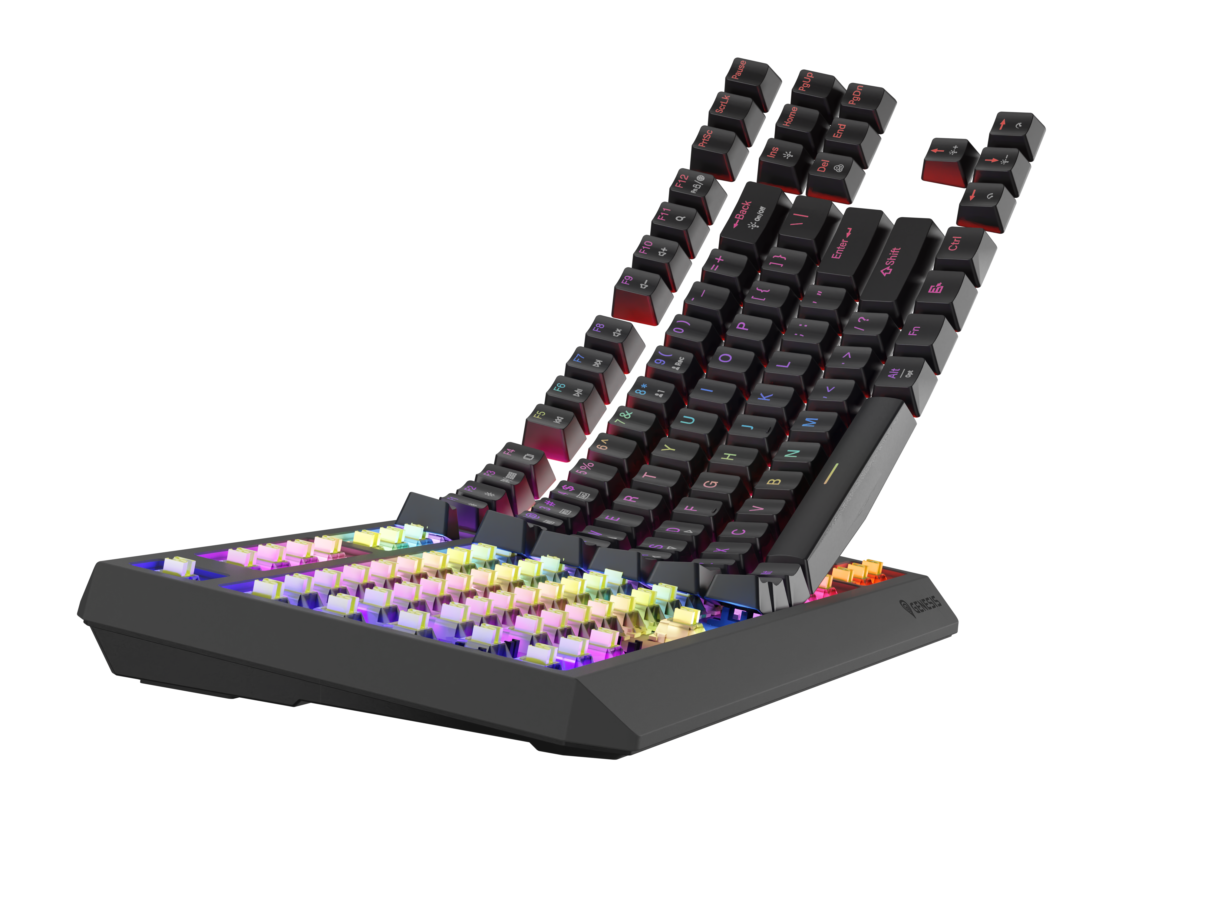 Czarna klawiatura z kolorowymi klawiszami RGB ułożonymi w łuk na czarnym tle.