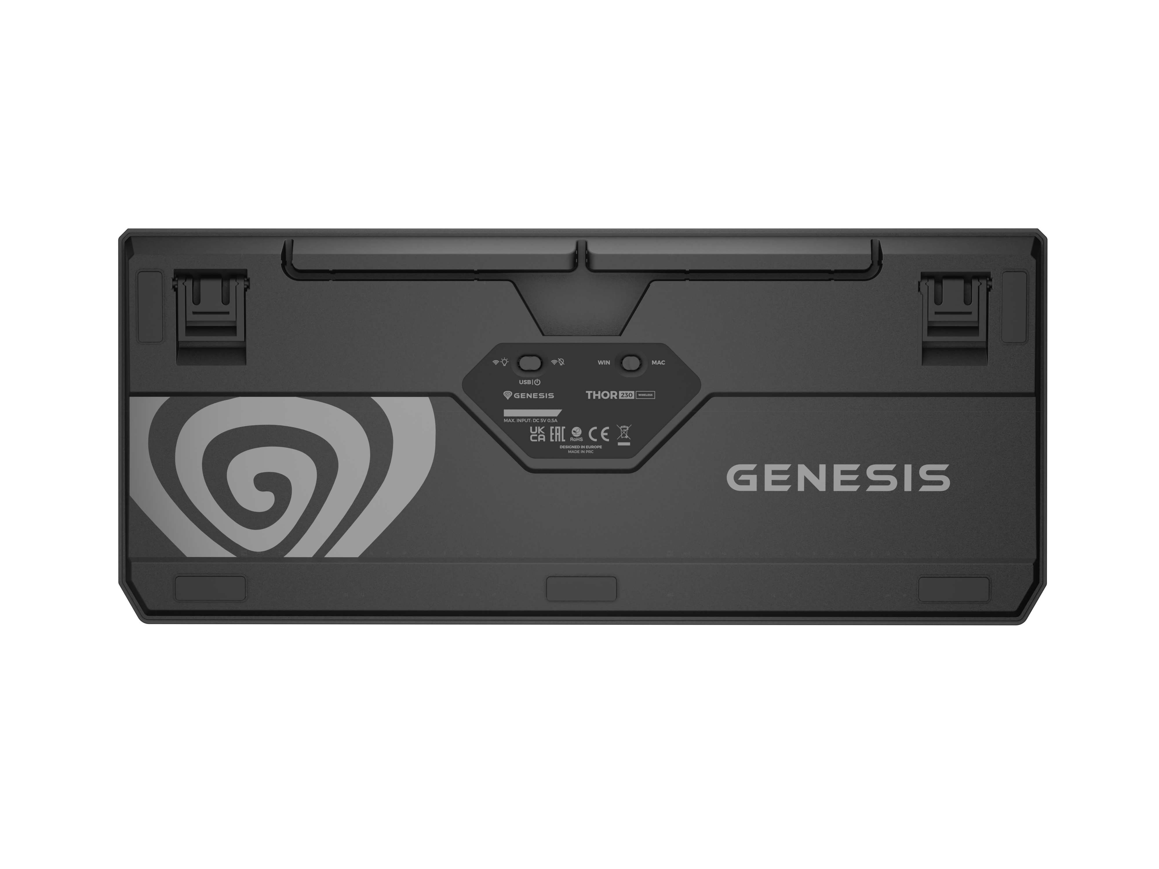 Tył czarnej klawiatury z logo Genesis i wzorem wiru.