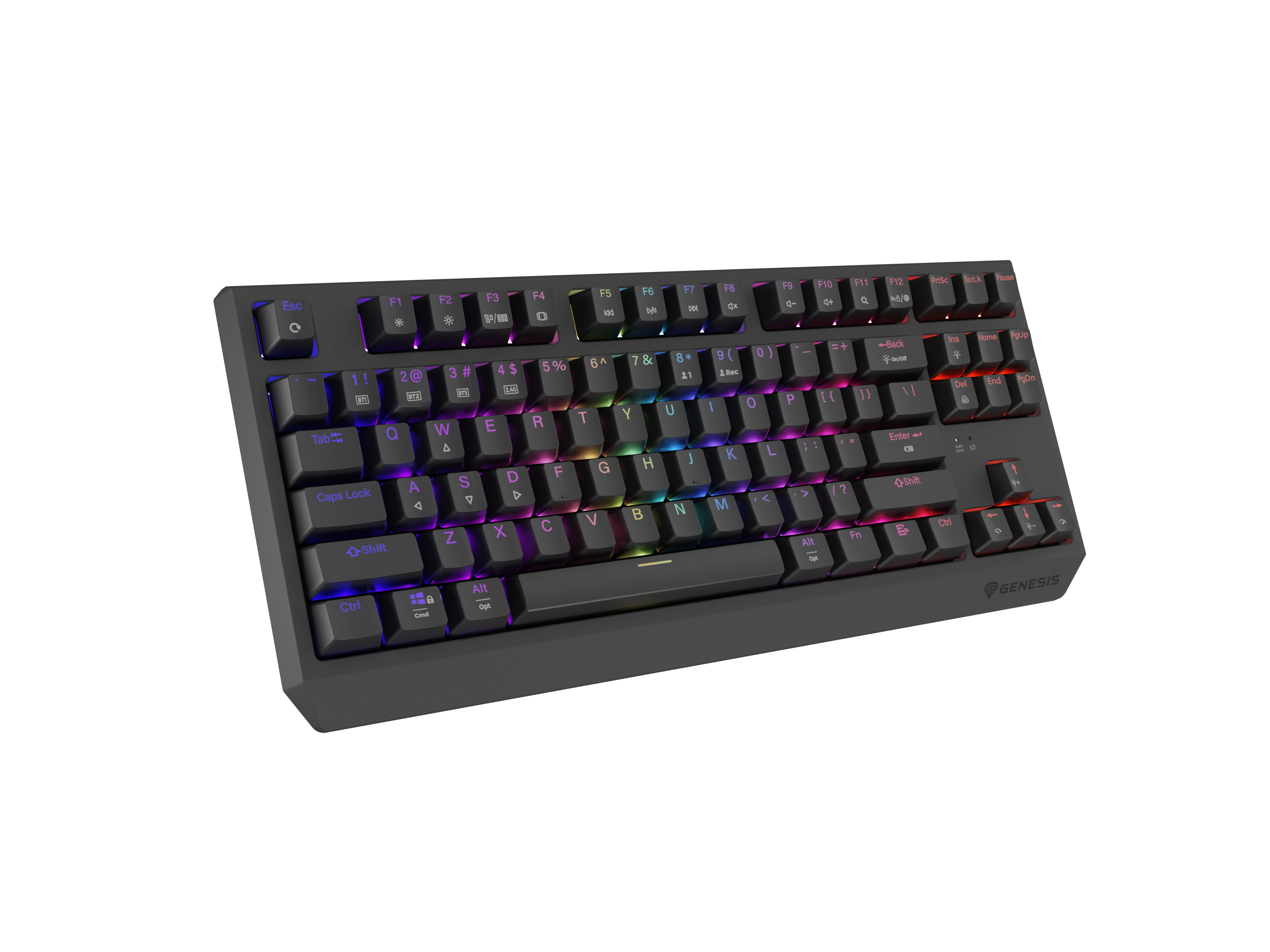 Ciemna klawiatura z podświetleniem RGB, na czarnym tle.