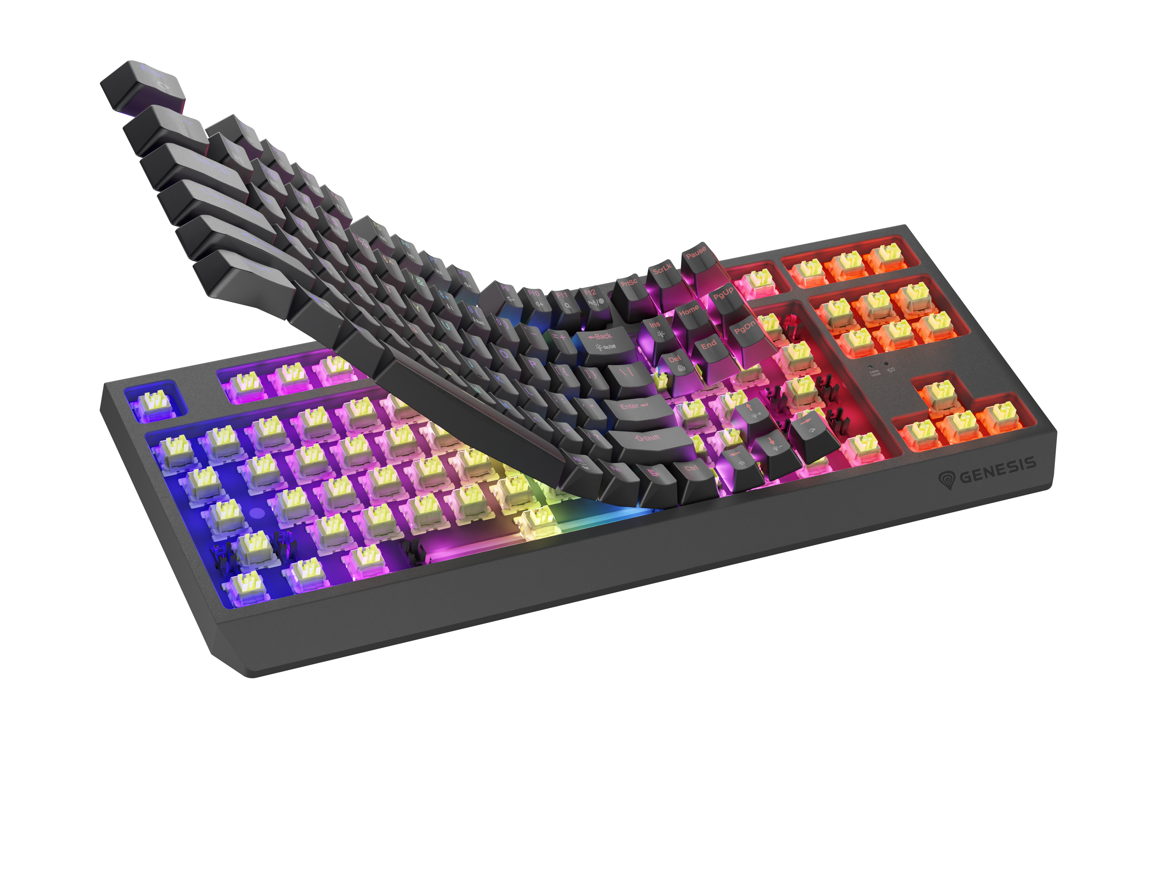 Ciemna klawiatura z kolorowymi klawiszami RGB i zakrzywioną górną częścią.