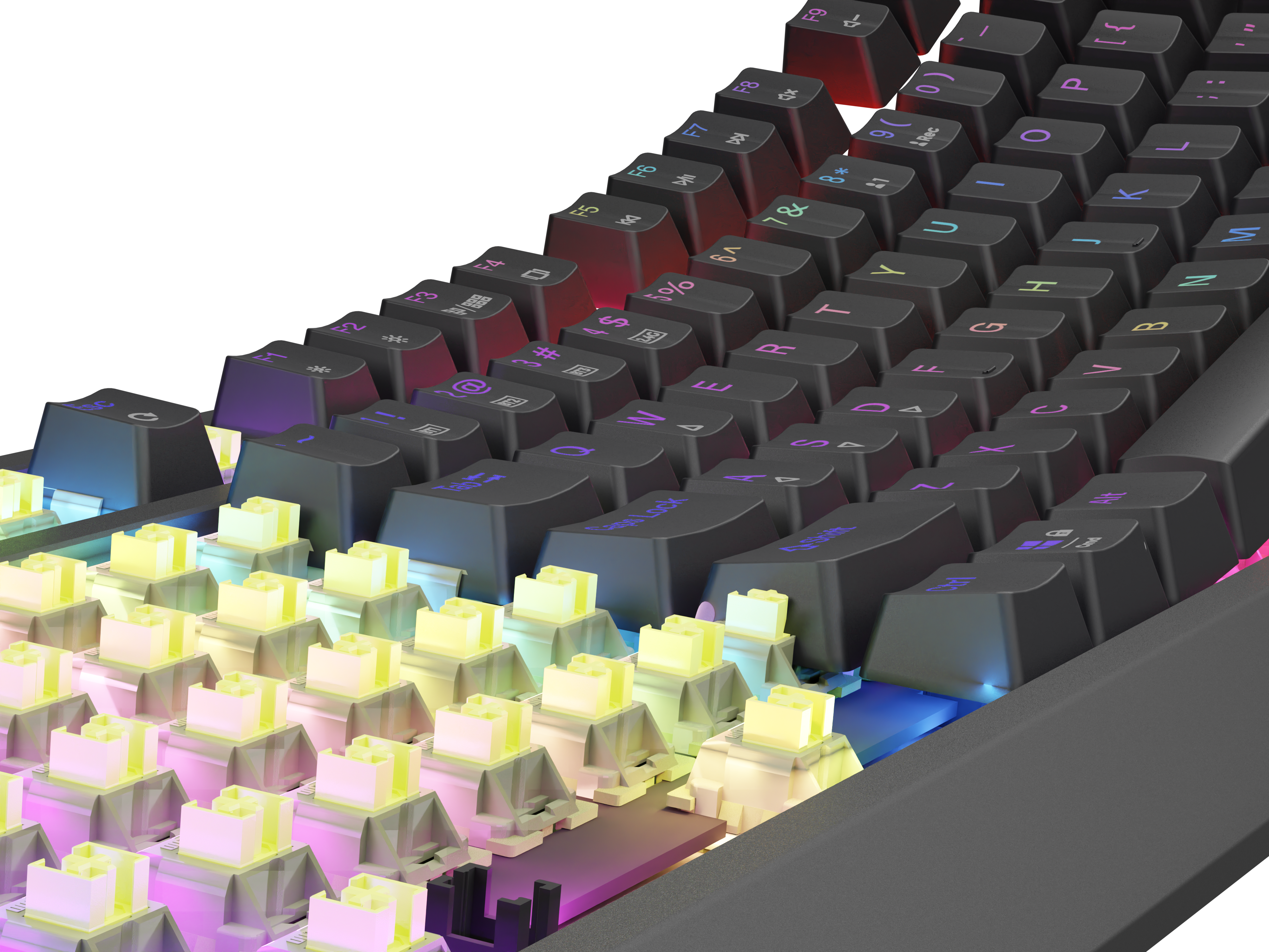 Zbliżenie czarnej klawiatury z oświetleniem RGB i podświetlanymi klawiszami.