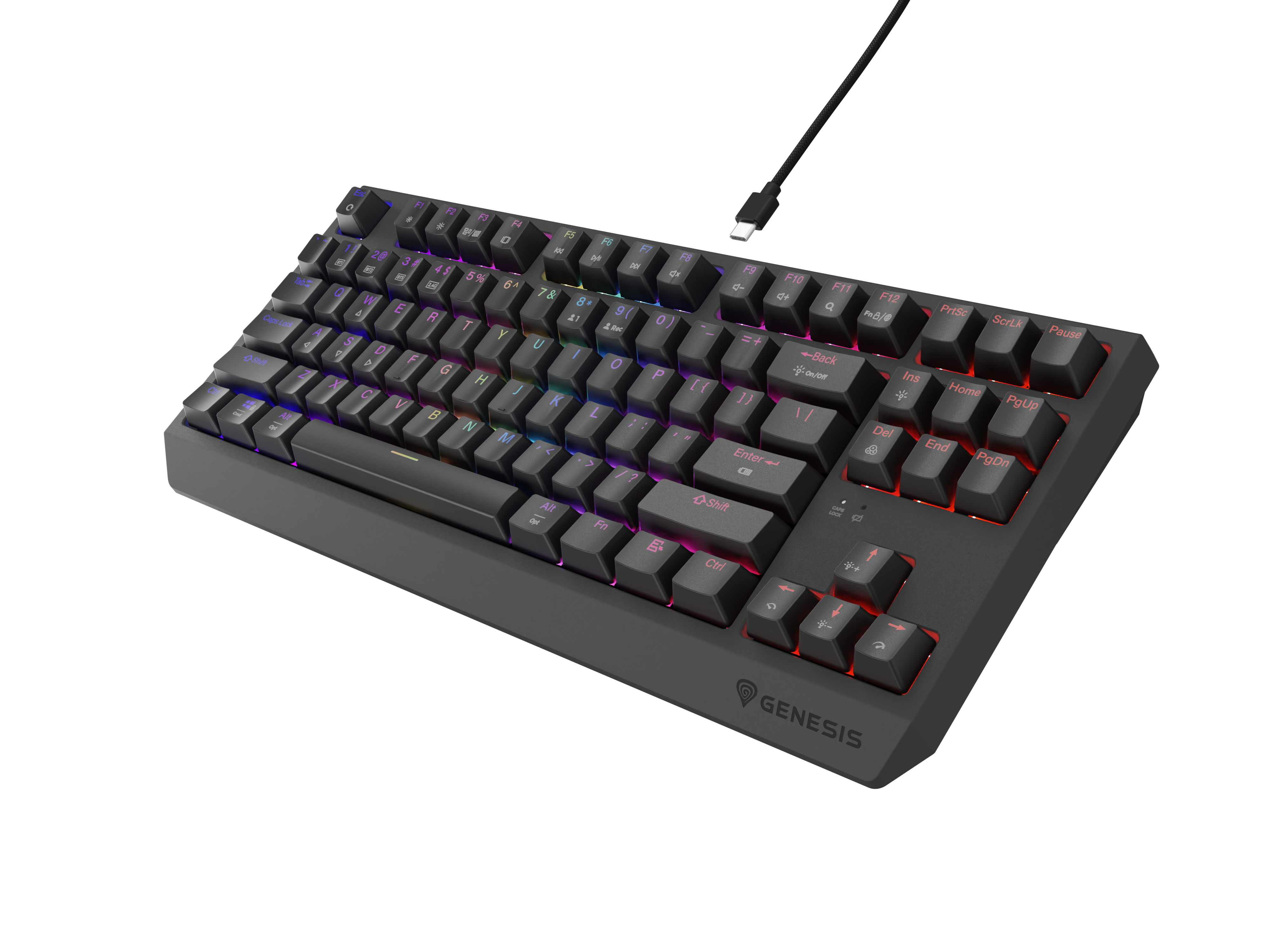 Czarna klawiatura gamingowa z podświetleniem RGB i kablem USB-C na czarnym tle.