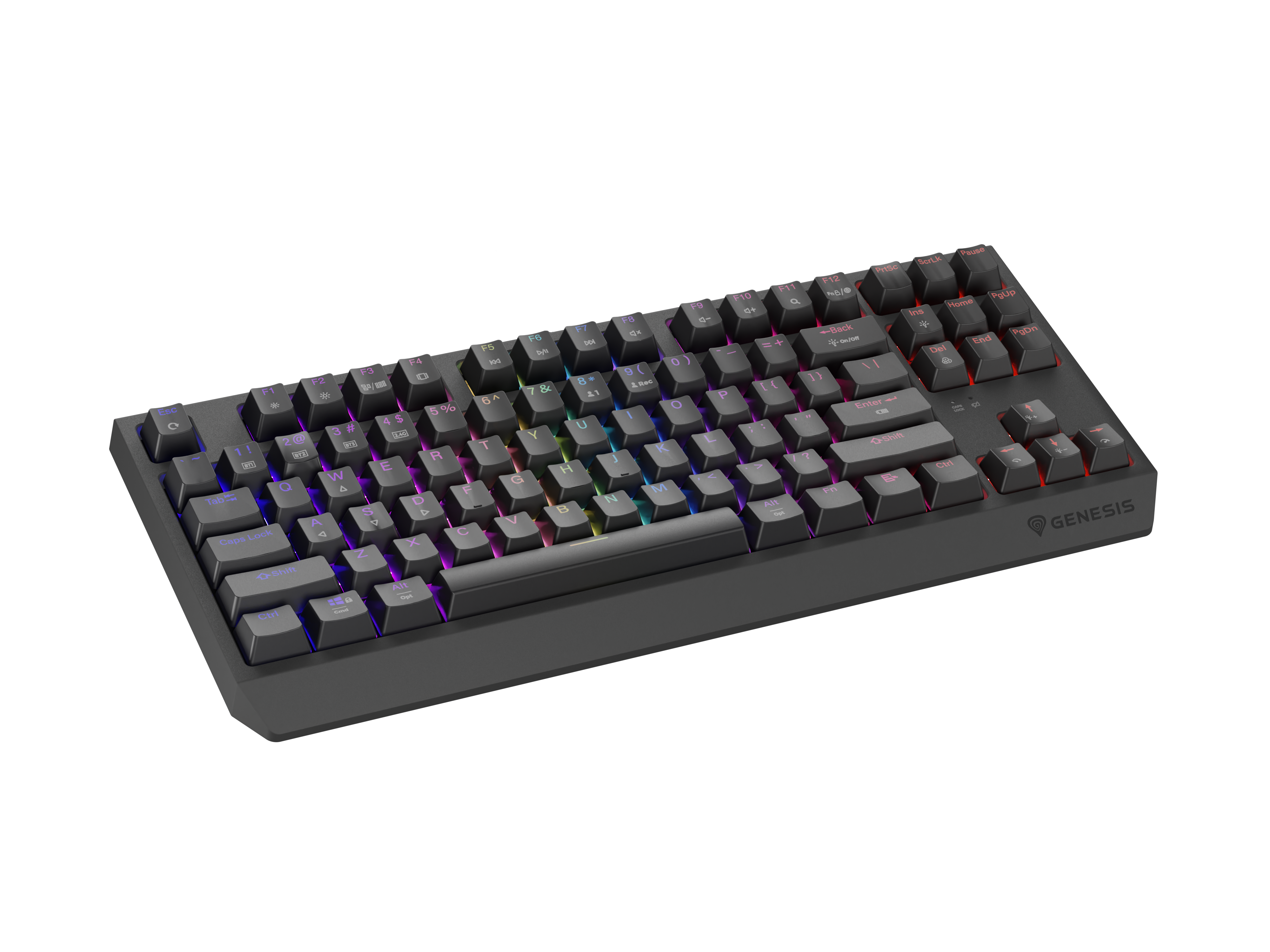 Ciemnoszara klawiatura mechaniczna Genesis z podświetleniem RGB na czarnym tle.